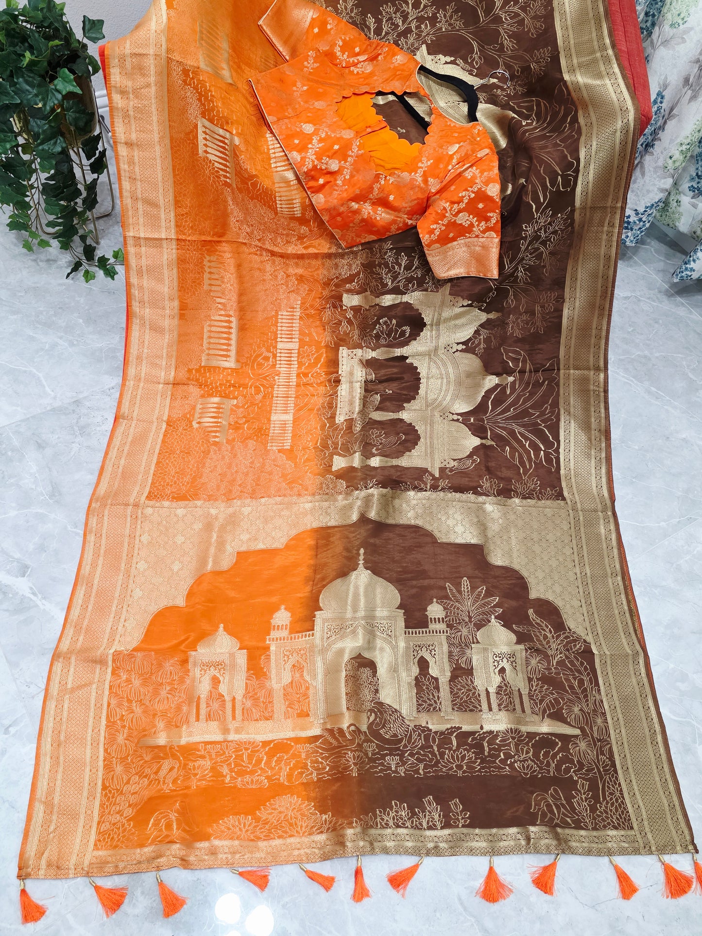 Sunset Amber & Cocoa Brown Taj Mahal Powerloom Woven Benarasi Silk Saree with Stitched Blouse