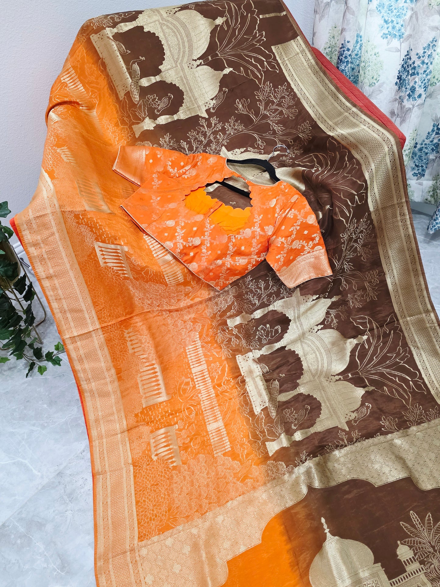 Sunset Amber & Cocoa Brown Taj Mahal Powerloom Woven Benarasi Silk Saree with Stitched Blouse