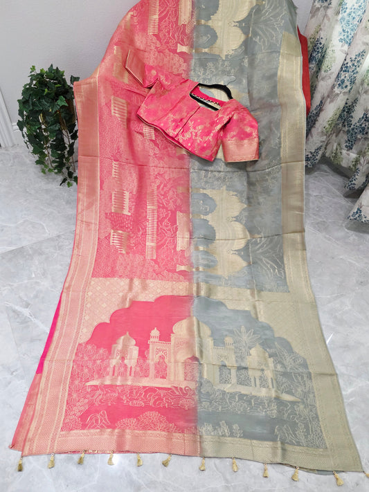 Rose Blush & Gray Silver Mist Taj Mahal Powerloom Woven Benarasi Silk Saree with Stitched Blouse