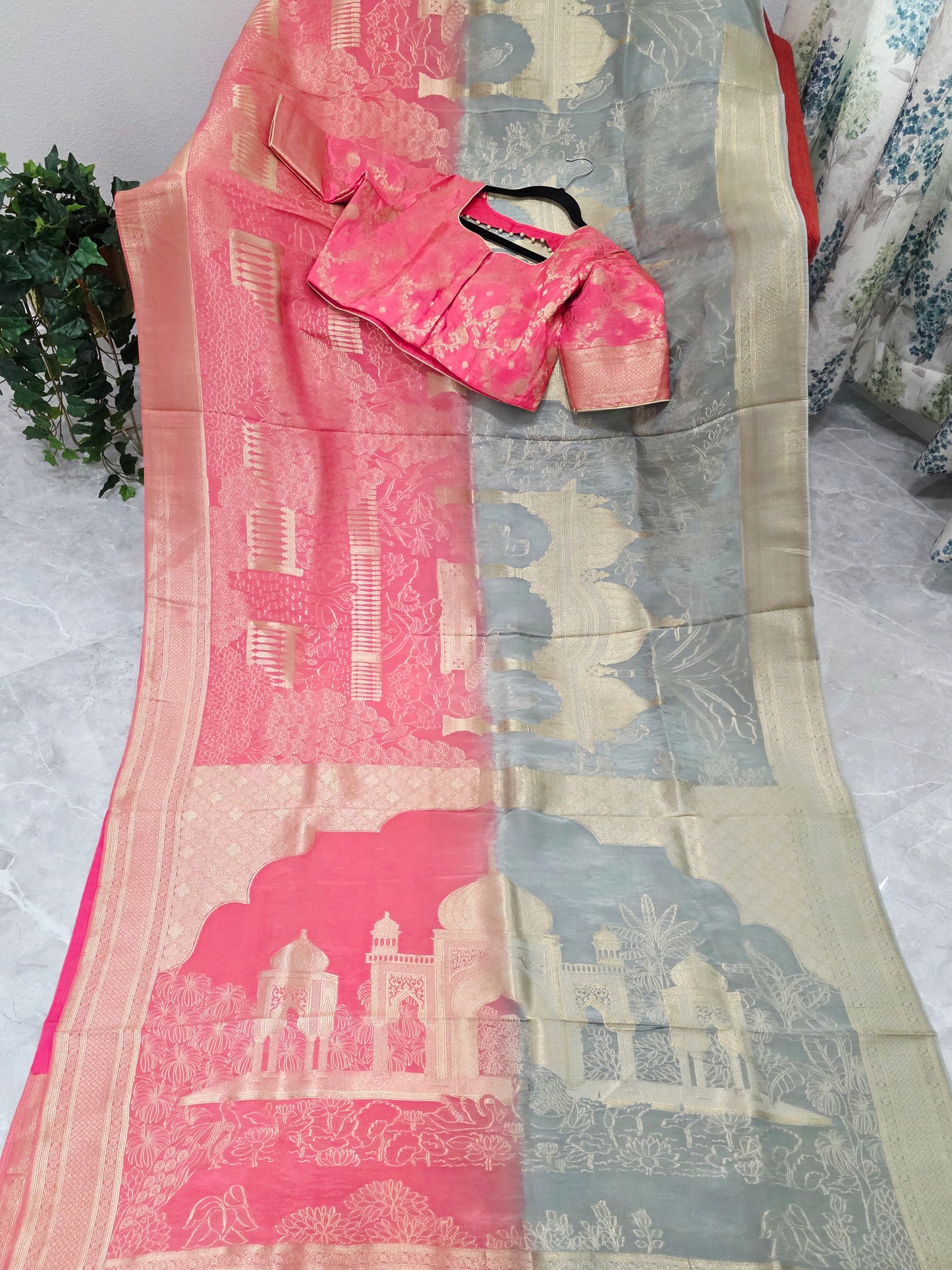 Rose Blush & Gray Silver Mist Taj Mahal Powerloom Woven Benarasi Silk Saree with Stitched Blouse