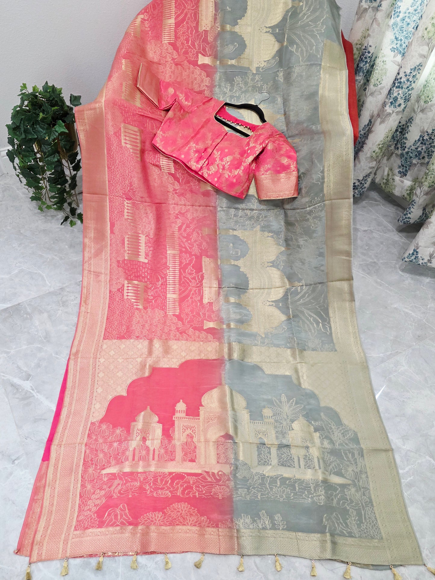 Rose Blush & Gray Silver Mist Taj Mahal Powerloom Woven Benarasi Silk Saree with Stitched Blouse