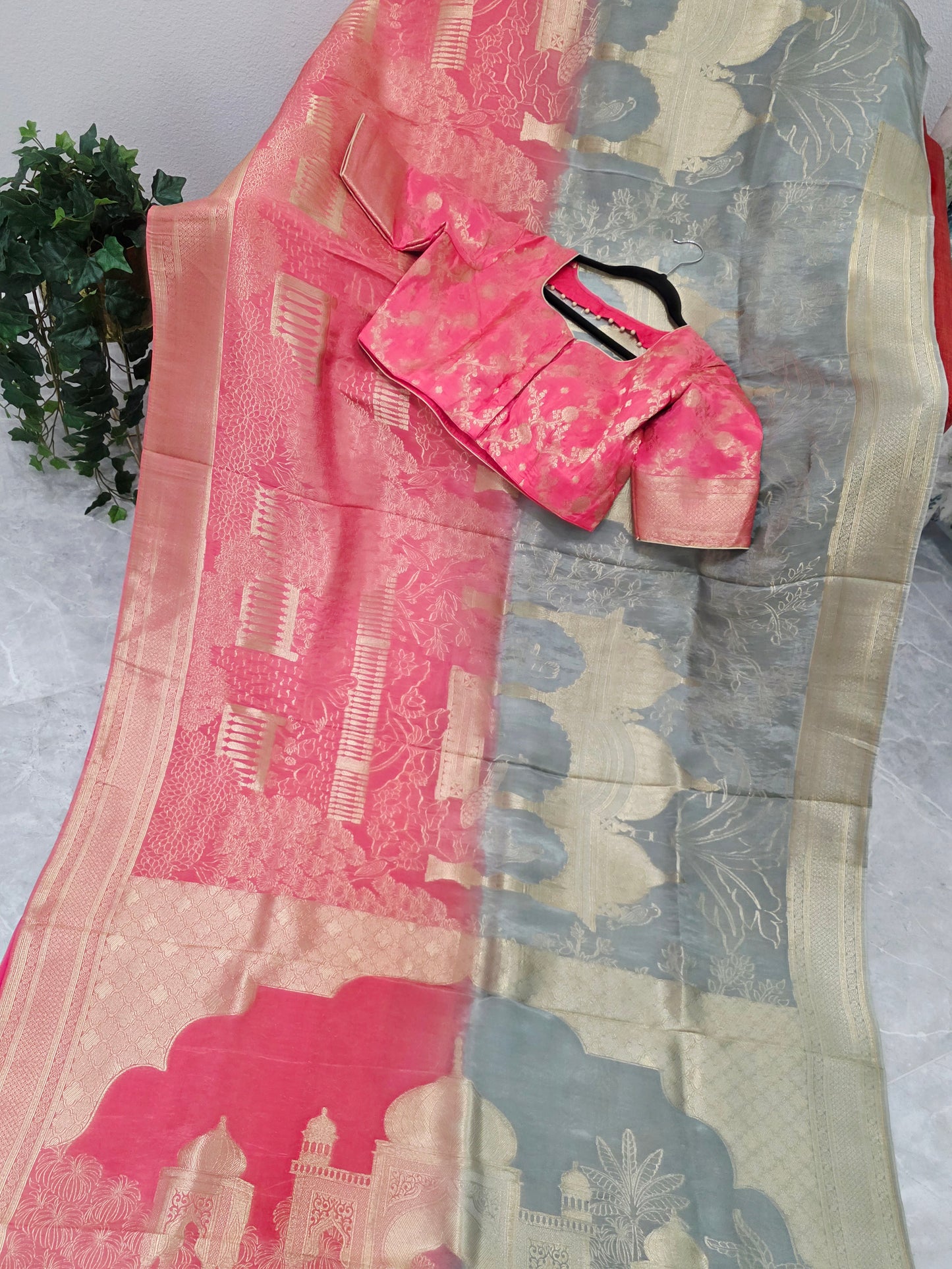 Rose Blush & Gray Silver Mist Taj Mahal Powerloom Woven Benarasi Silk Saree with Stitched Blouse