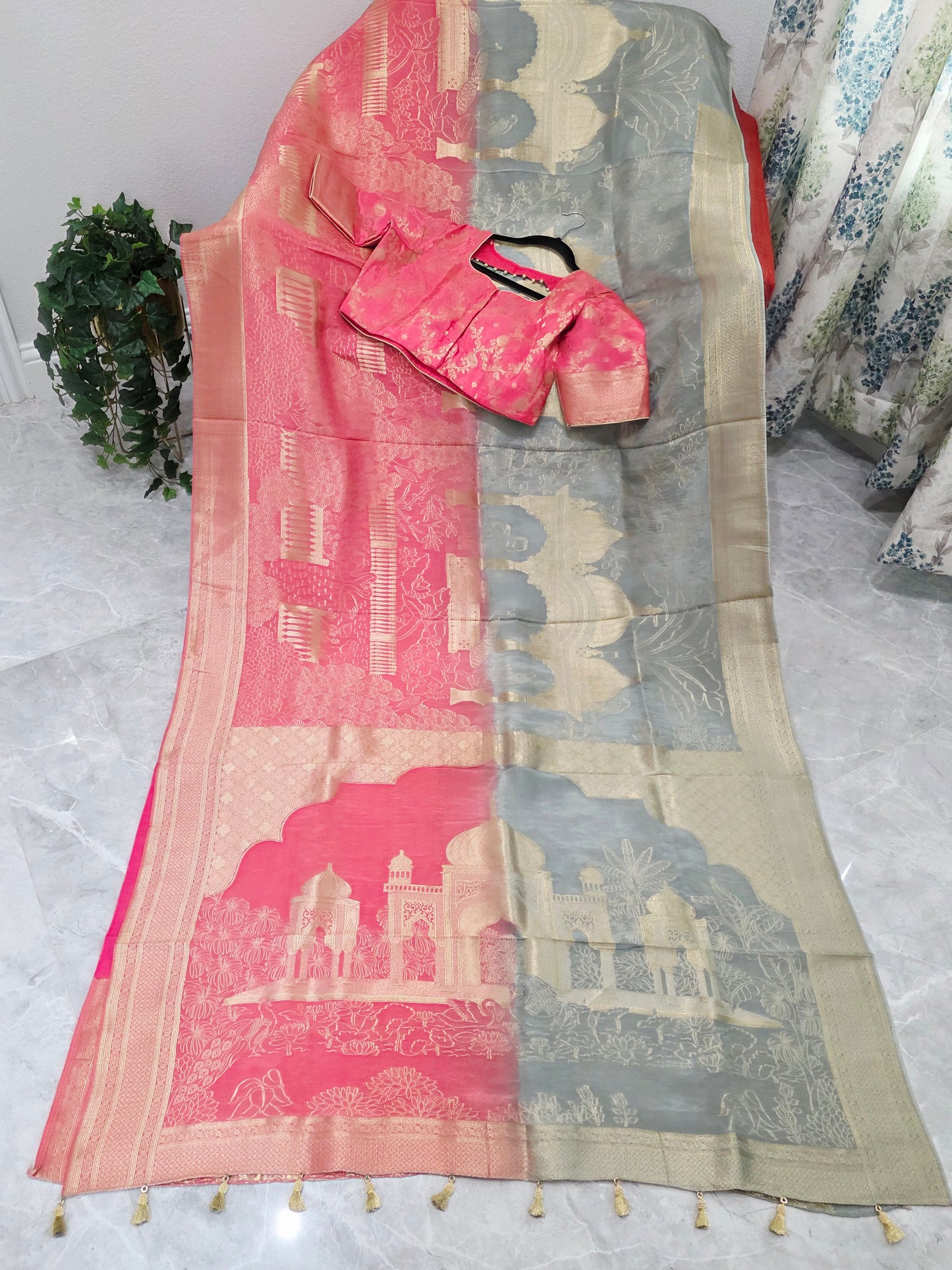 Rose Blush & Gray Silver Mist Taj Mahal Powerloom Woven Benarasi Silk Saree with Stitched Blouse