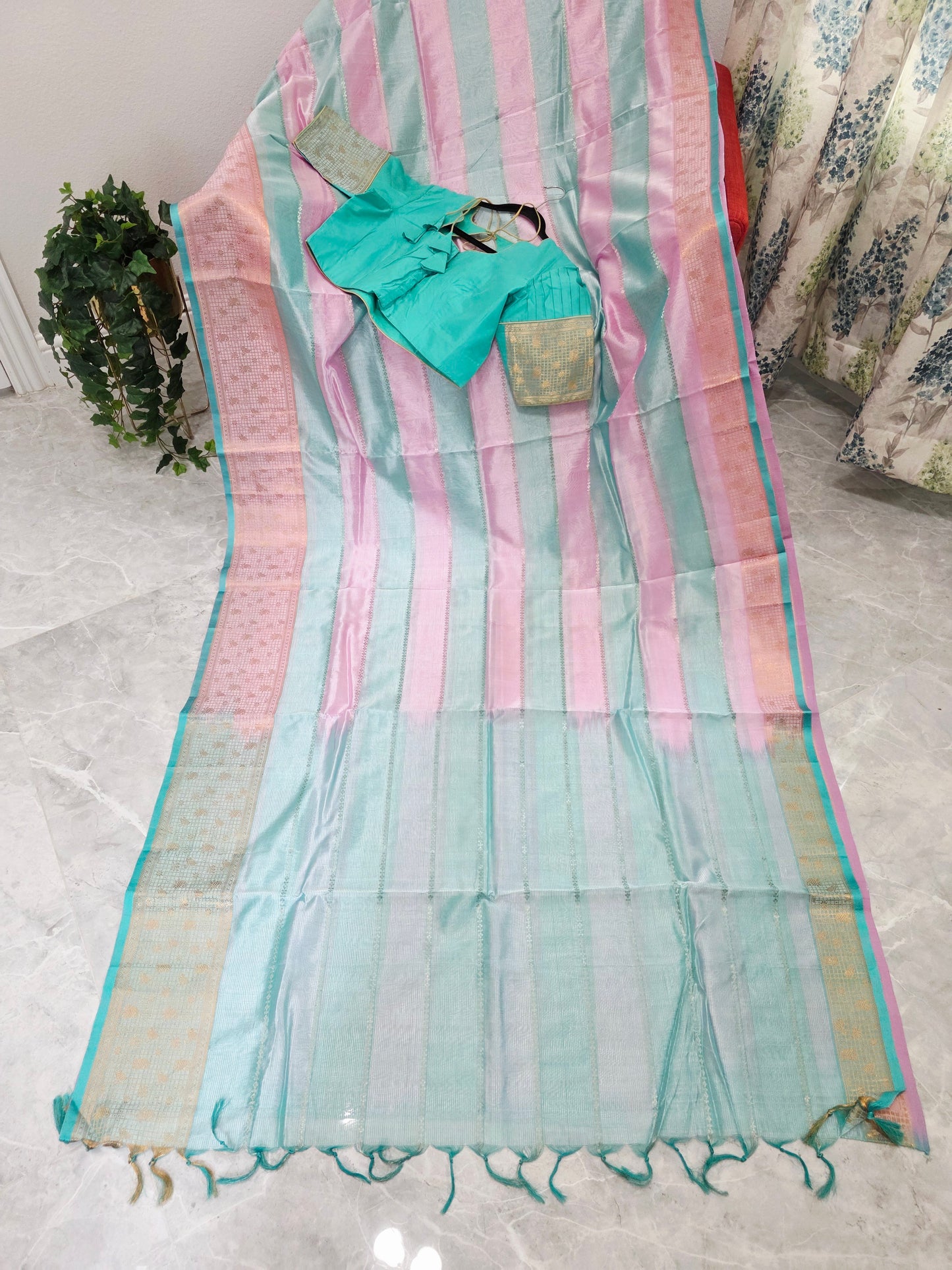 Classic Edition Pure Mangalgiri Silk Cotton Saree in Baby Pink & Sea Green Stripes – Stitched Blouse
