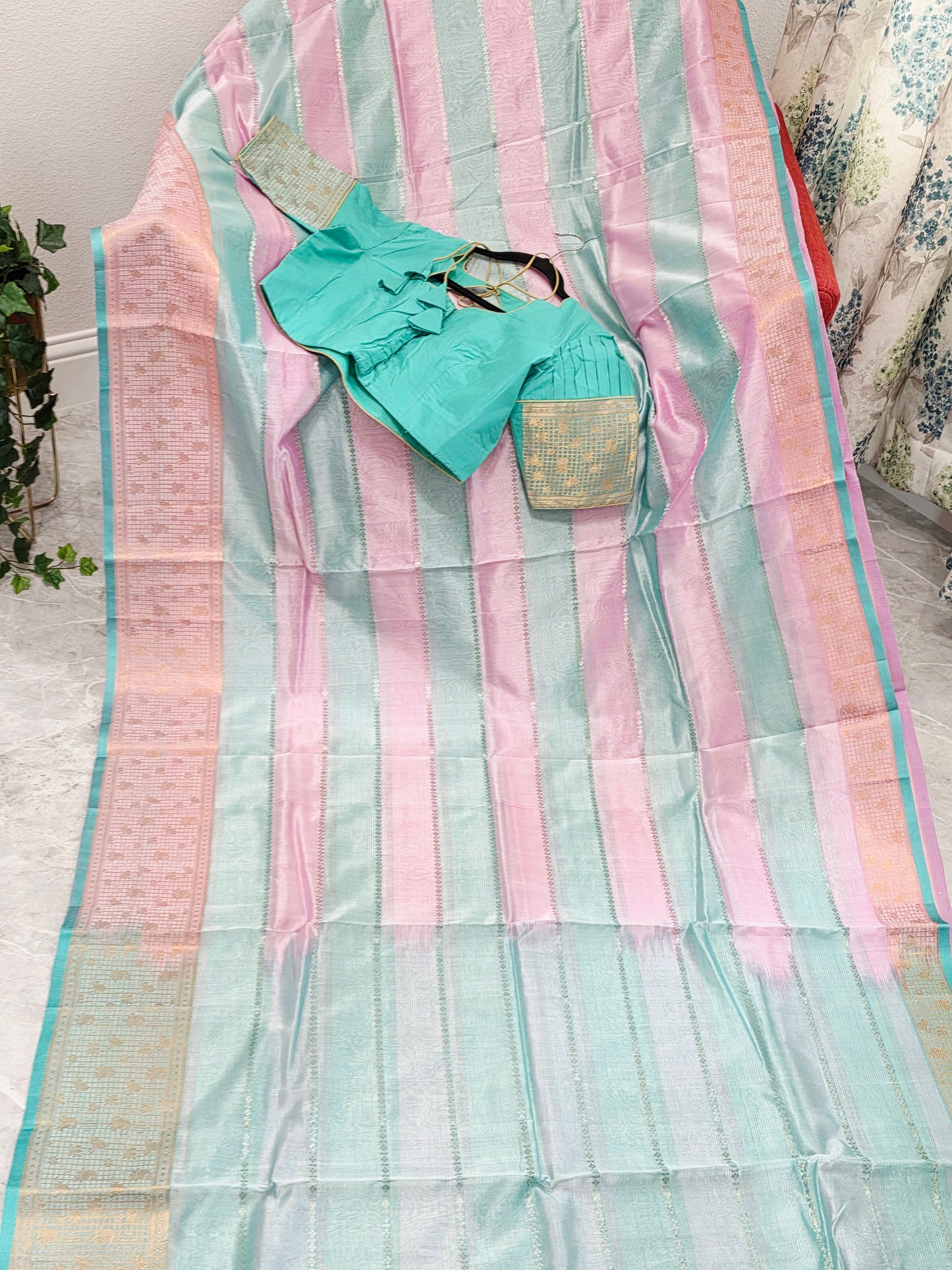 Classic Edition Pure Mangalgiri Silk Cotton Saree in Baby Pink & Sea Green Stripes – Stitched Blouse