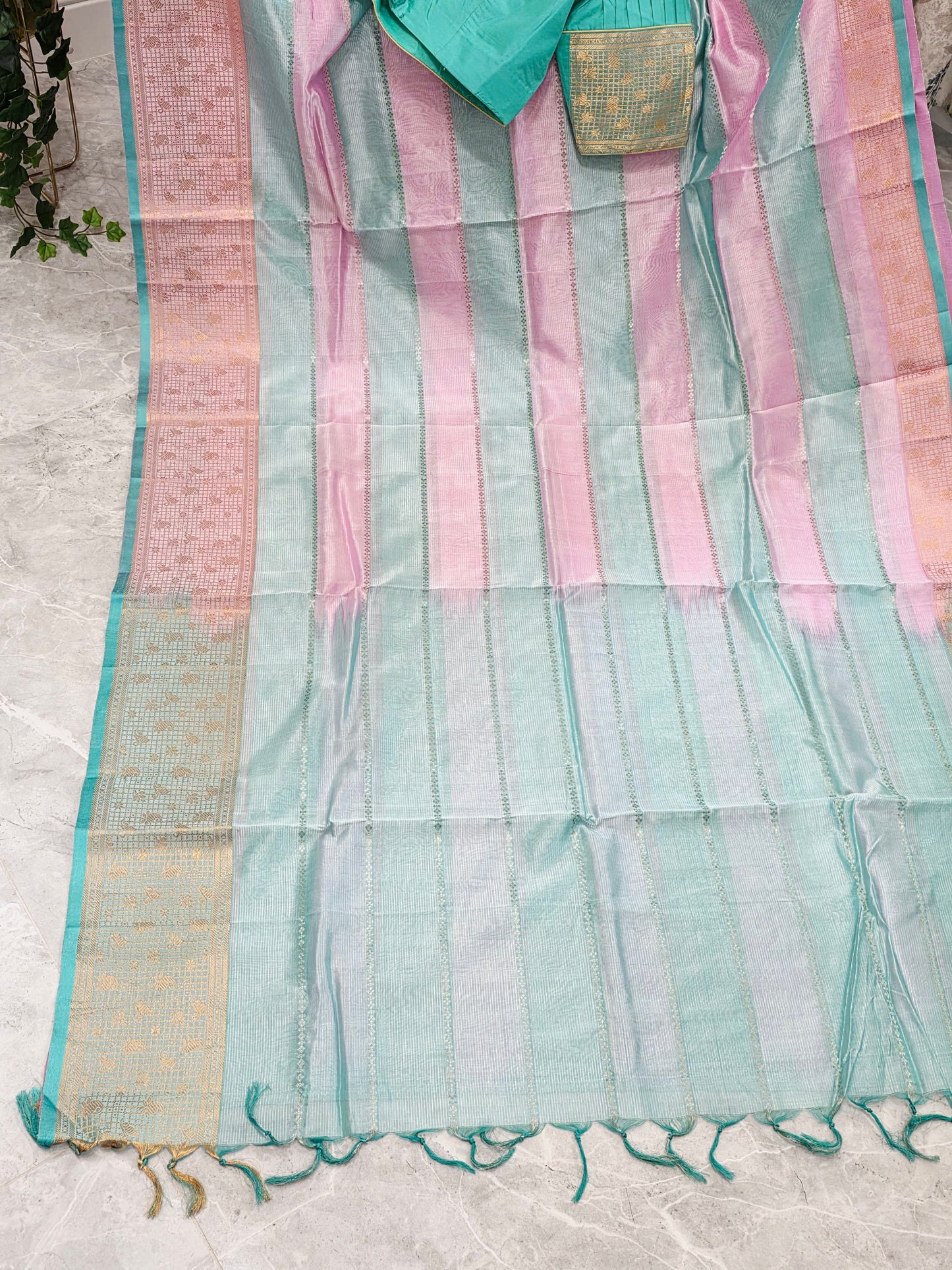 Classic Edition Pure Mangalgiri Silk Cotton Saree in Baby Pink & Sea Green Stripes – Stitched Blouse