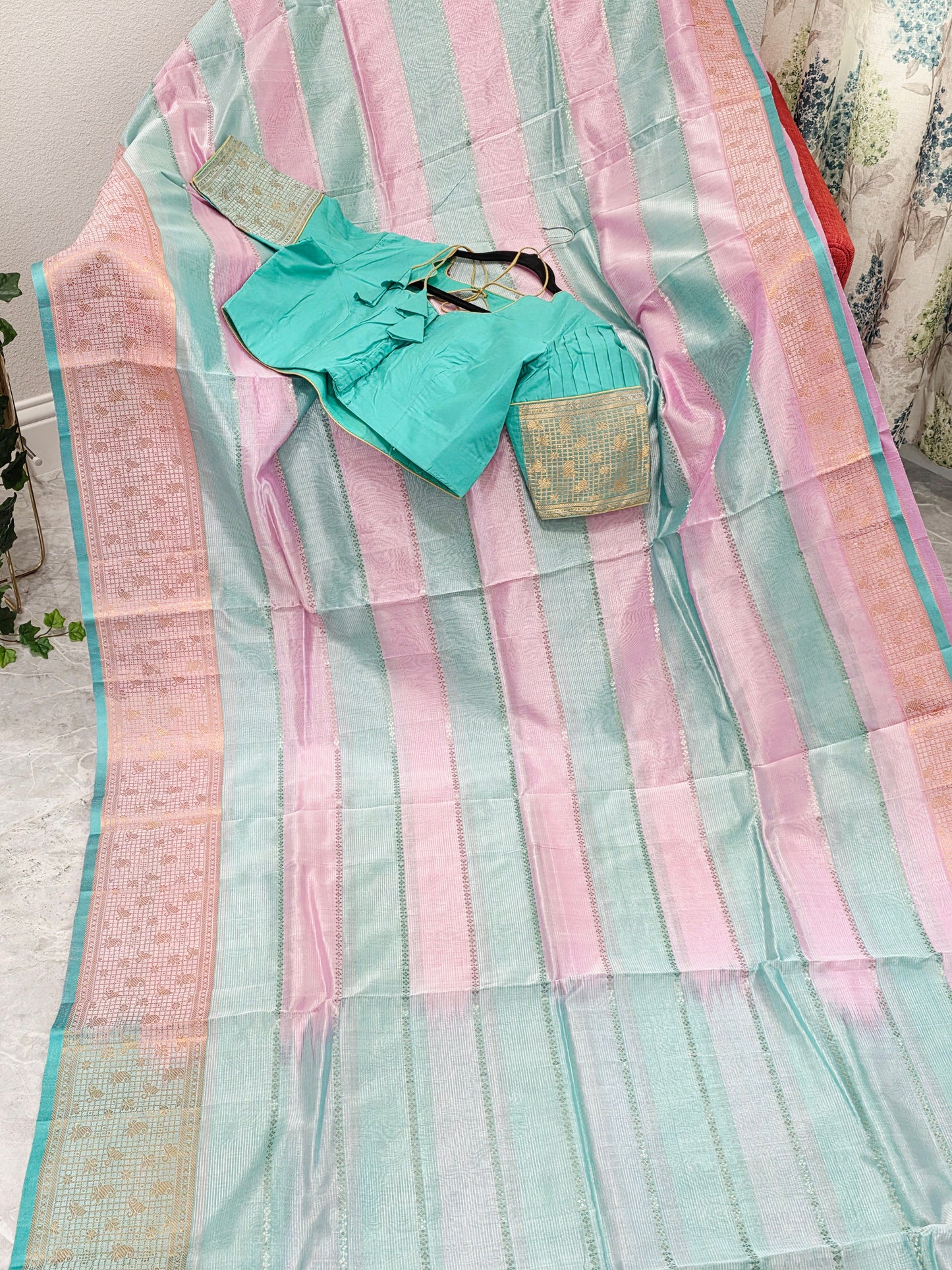 Classic Edition Pure Mangalgiri Silk Cotton Saree in Baby Pink & Sea Green Stripes – Stitched Blouse