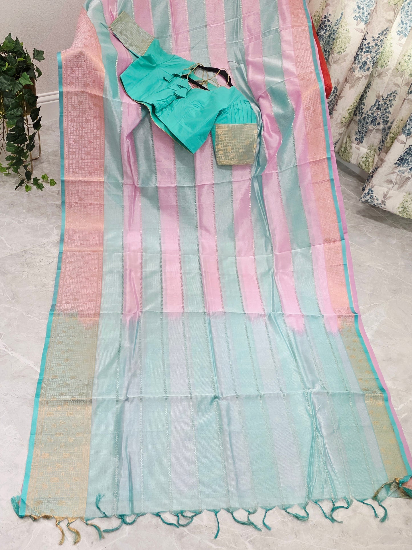 Classic Edition Pure Mangalgiri Silk Cotton Saree in Baby Pink & Sea Green Stripes – Stitched Blouse
