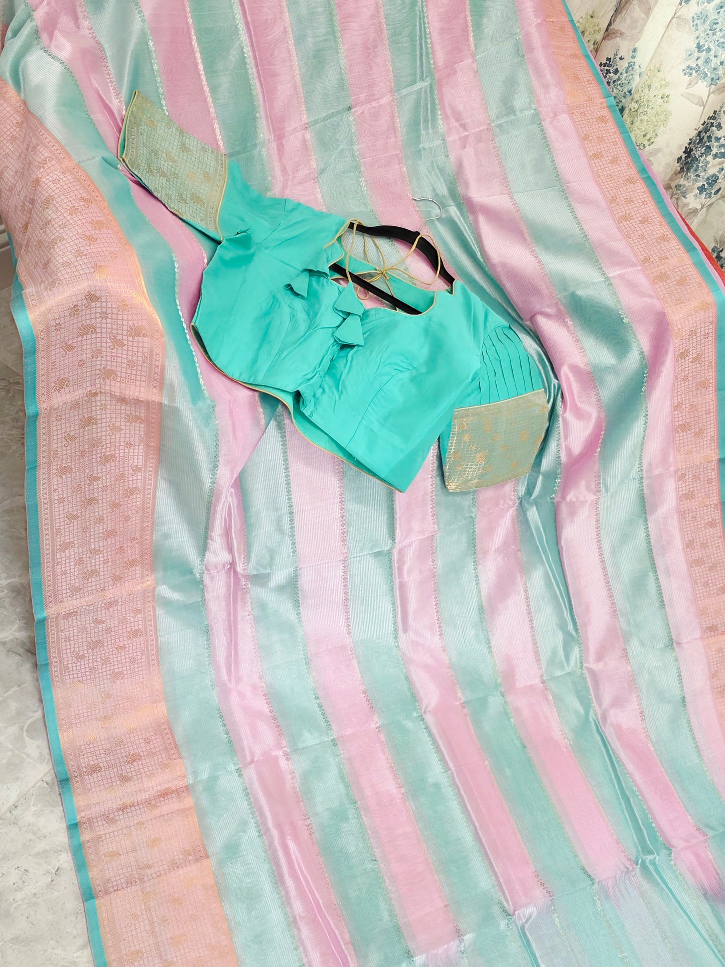 Classic Edition Pure Mangalgiri Silk Cotton Saree in Baby Pink & Sea Green Stripes – Stitched Blouse