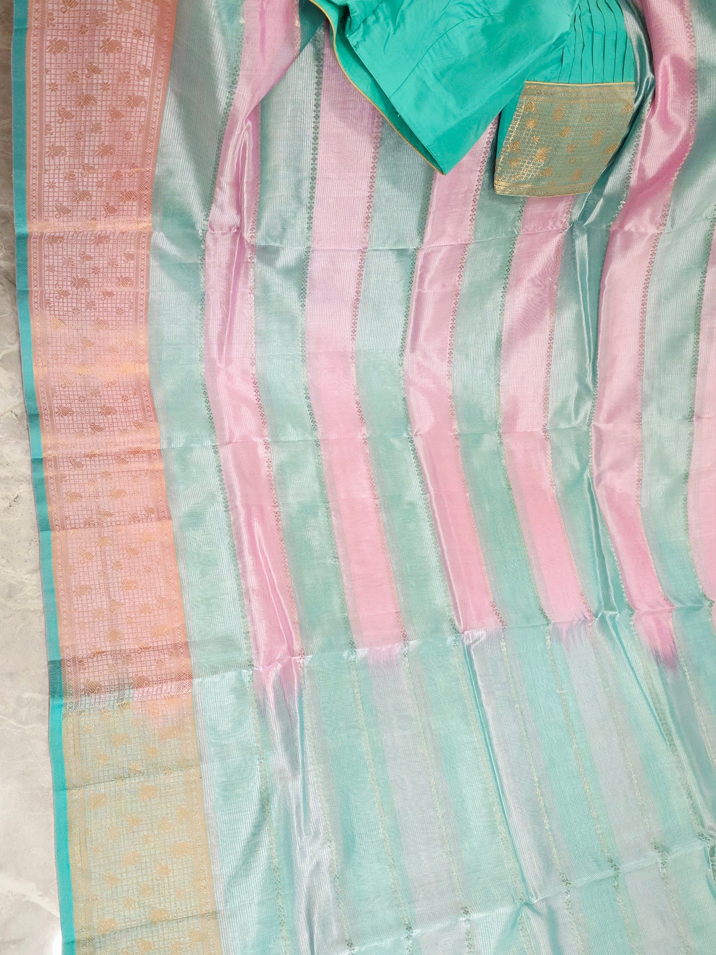 Classic Edition Pure Mangalgiri Silk Cotton Saree in Baby Pink & Sea Green Stripes – Stitched Blouse