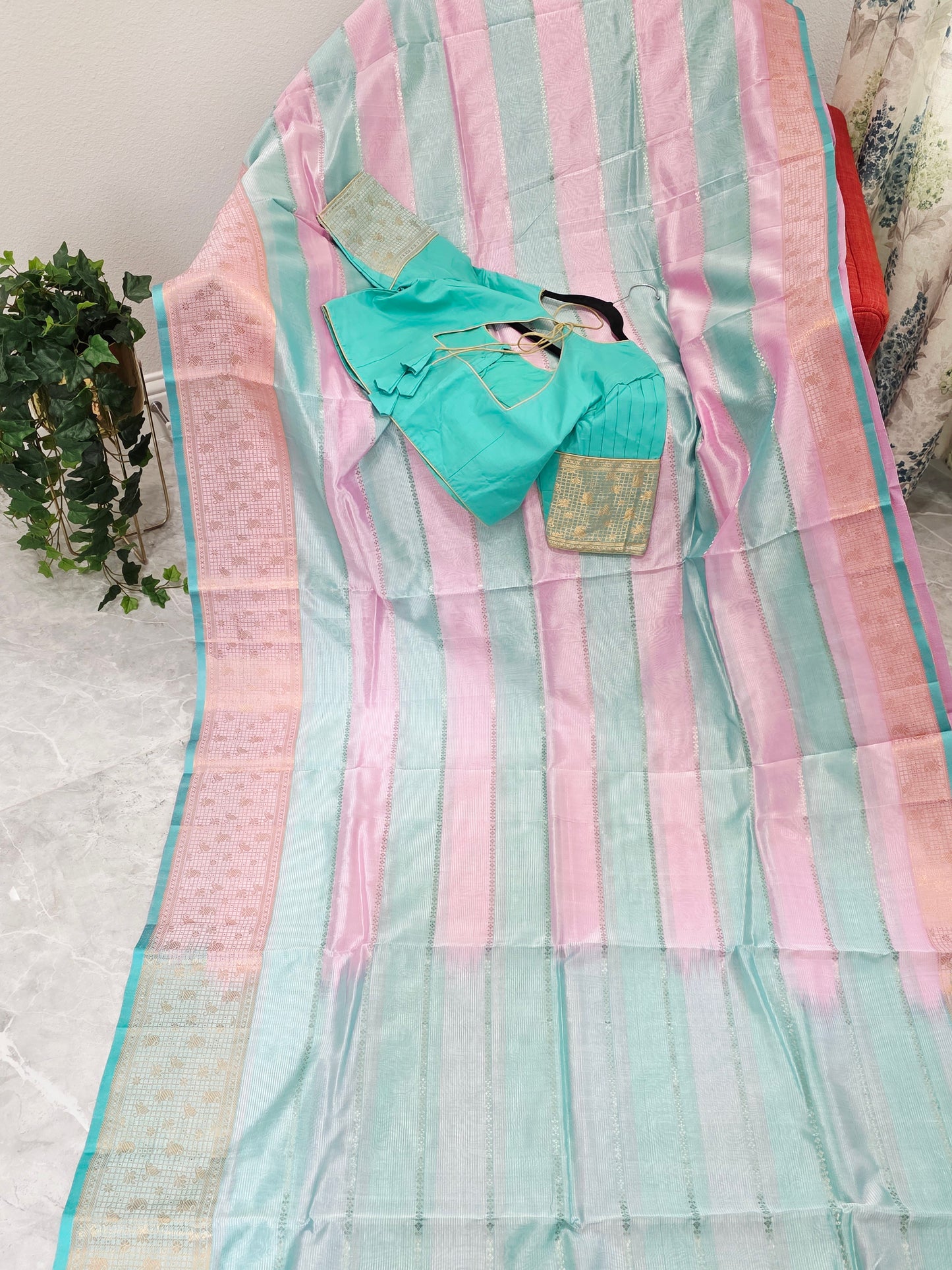 Classic Edition Pure Mangalgiri Silk Cotton Saree in Baby Pink & Sea Green Stripes – Stitched Blouse