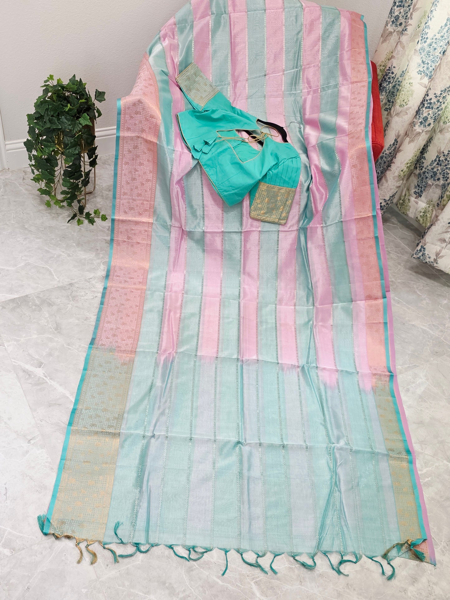 Classic Edition Pure Mangalgiri Silk Cotton Saree in Baby Pink & Sea Green Stripes – Stitched Blouse