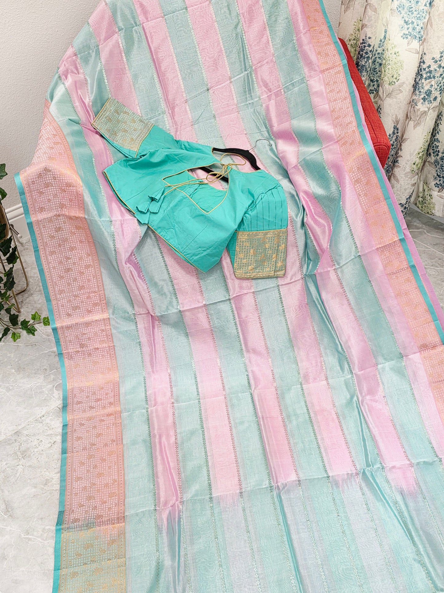 Classic Edition Pure Mangalgiri Silk Cotton Saree in Baby Pink & Sea Green Stripes – Stitched Blouse