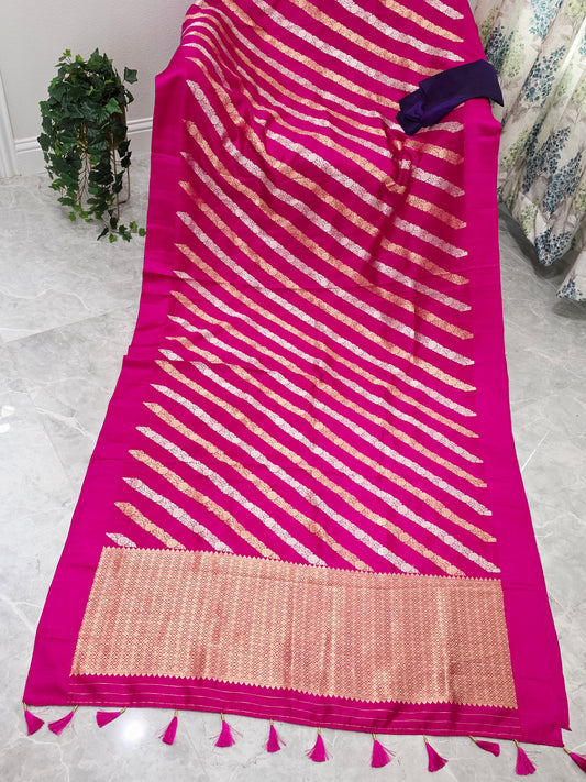 Rani Pink & Antique Gold Leheriya Pattern Pure Mango Benarasi Silk Saree with Unstitched Blouse Piece