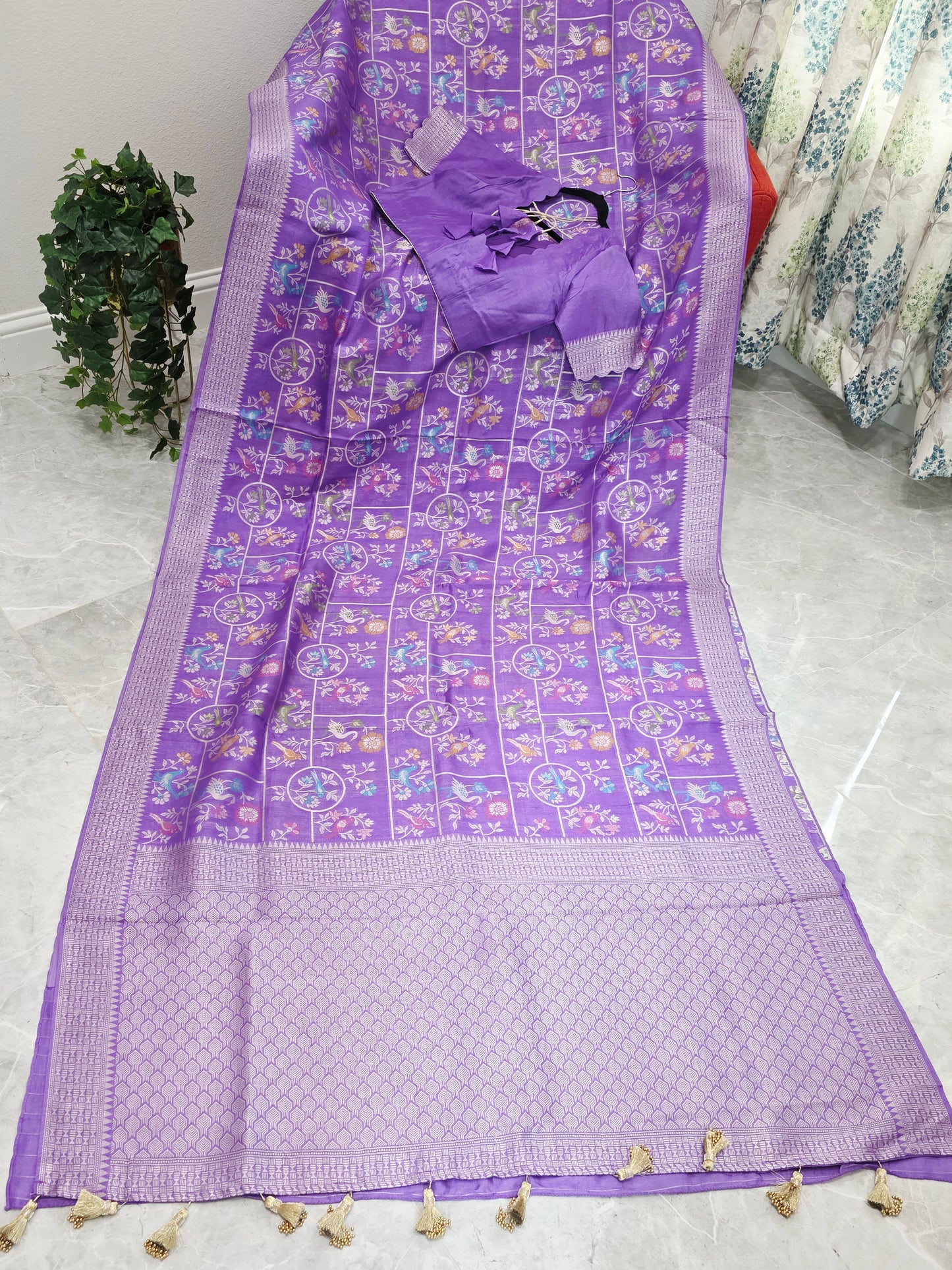 Lavender Bloom All Over Birds Chanderi Linen Tussar Blended Benarasi Saree with Stitched Blouse