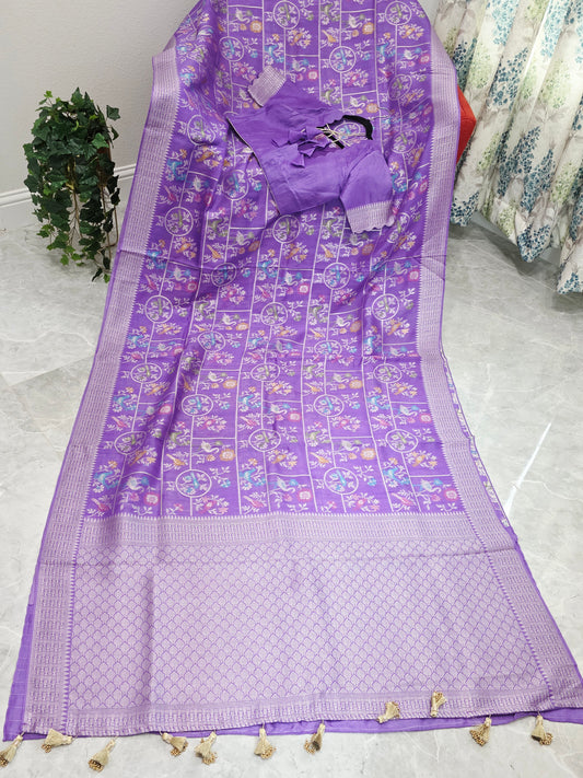 Lavender Bloom All Over Birds Chanderi Linen Tussar Blended Benarasi Saree with Stitched Blouse