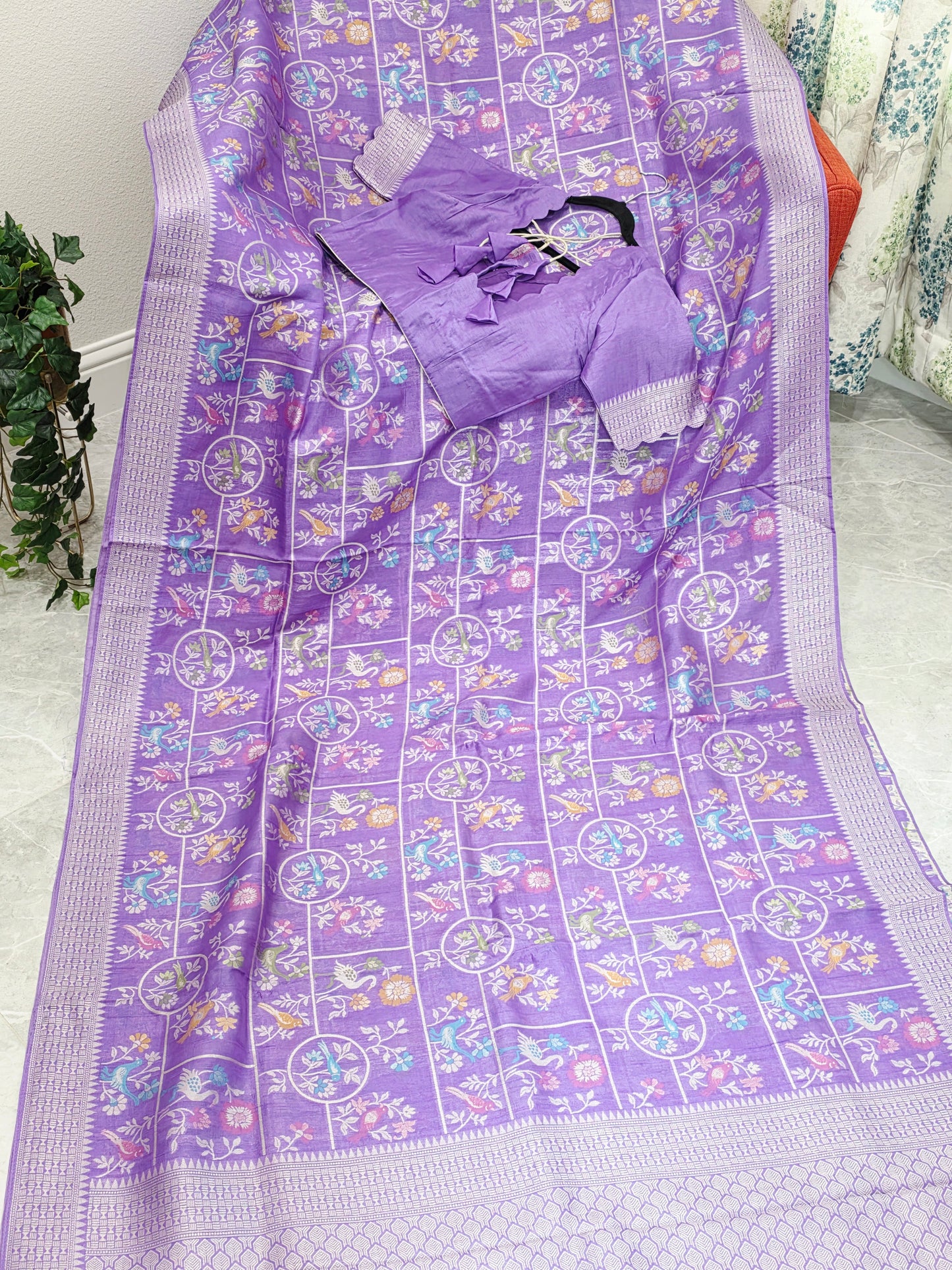 Lavender Bloom All Over Birds Chanderi Linen Tussar Blended Benarasi Saree with Stitched Blouse