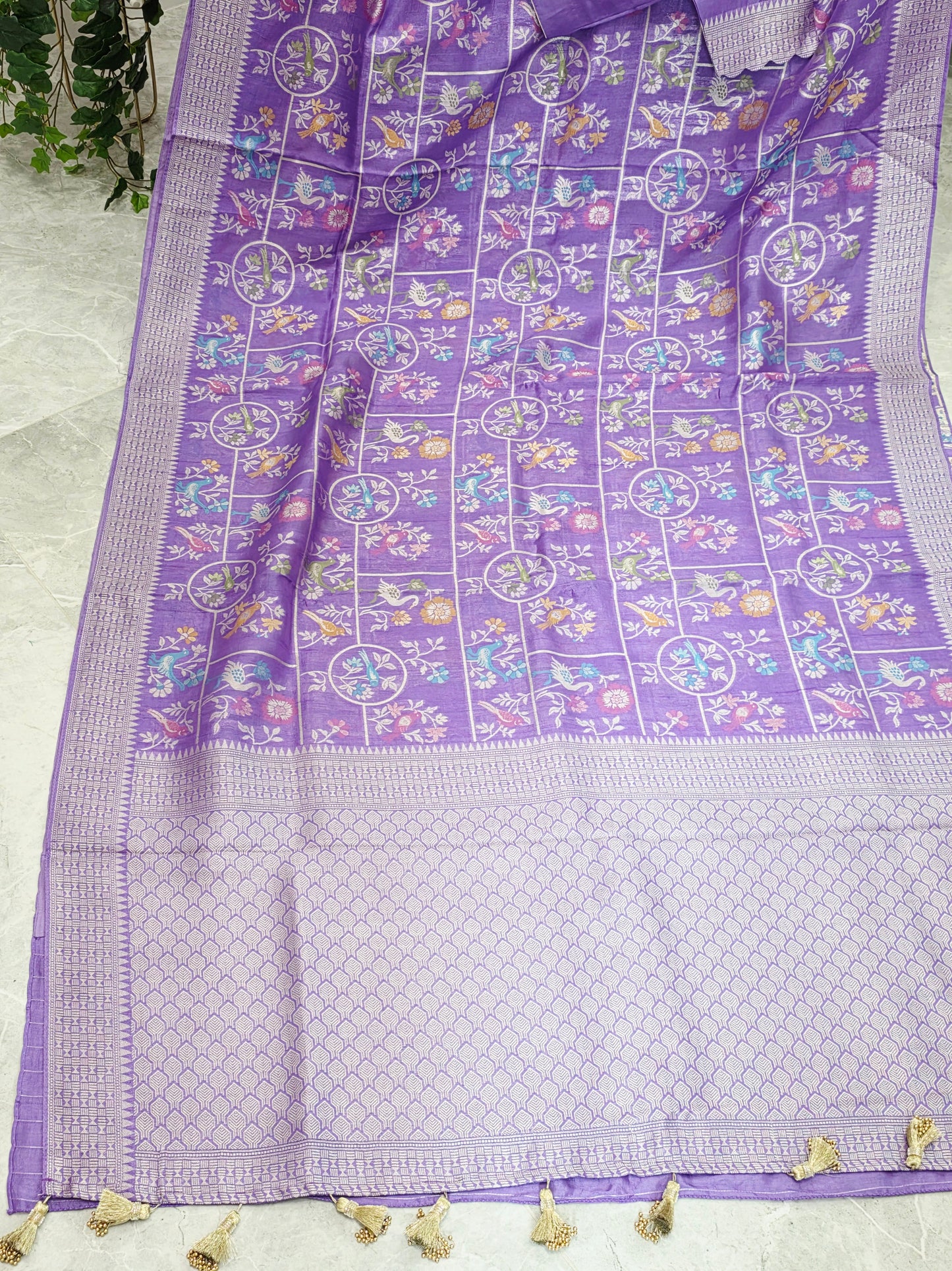Lavender Bloom All Over Birds Chanderi Linen Tussar Blended Benarasi Saree with Stitched Blouse