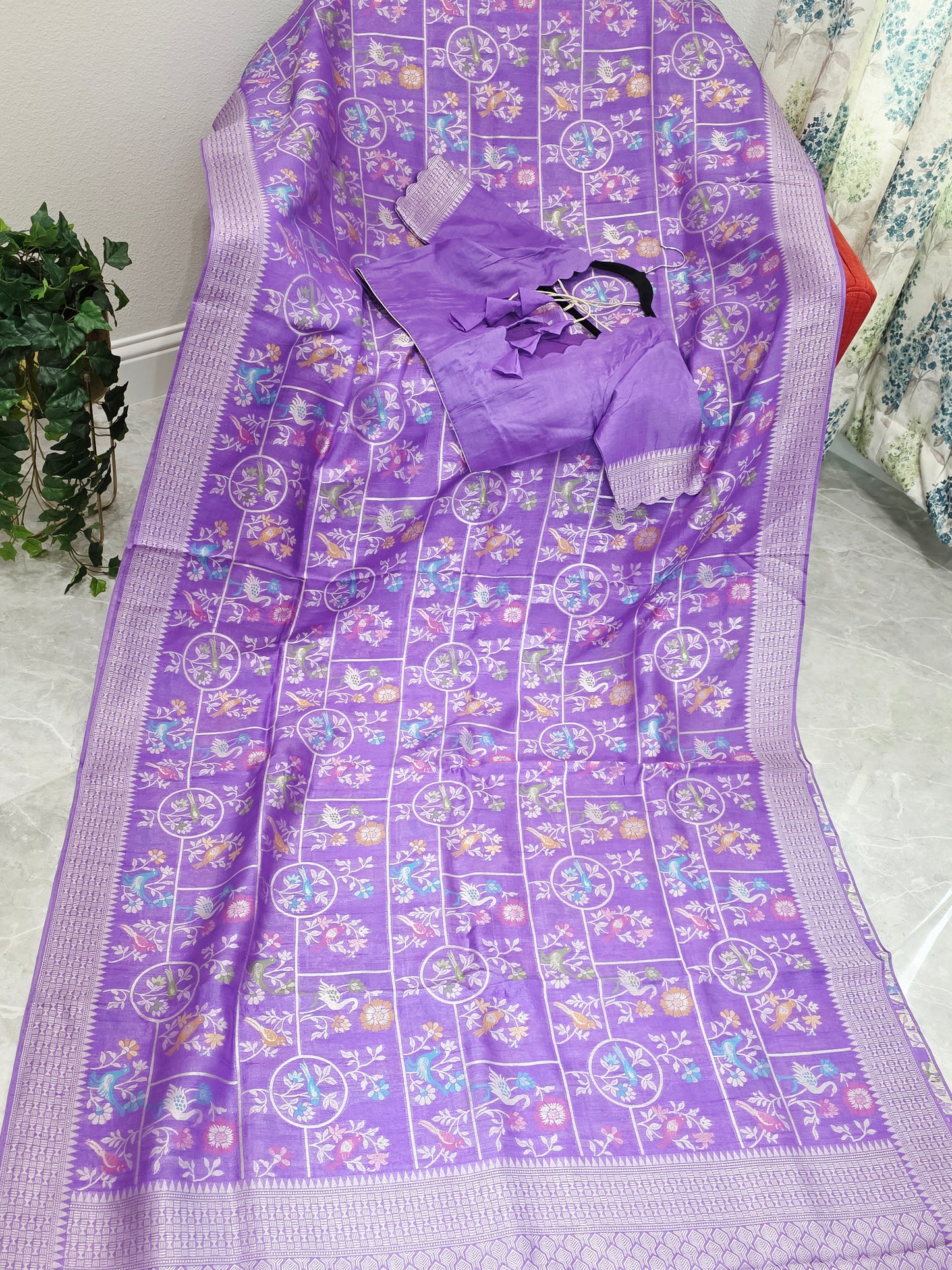 Lavender Bloom All Over Birds Chanderi Linen Tussar Blended Benarasi Saree with Stitched Blouse