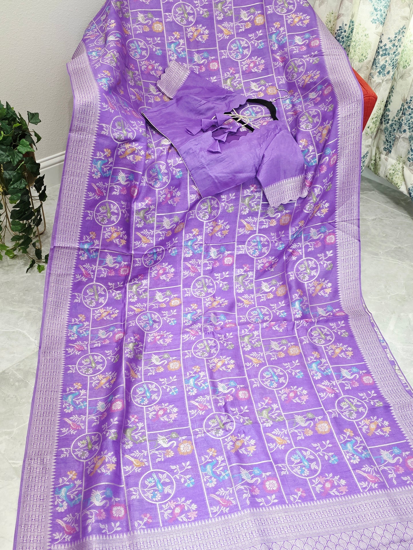 Lavender Bloom All Over Birds Chanderi Linen Tussar Blended Benarasi Saree with Stitched Blouse