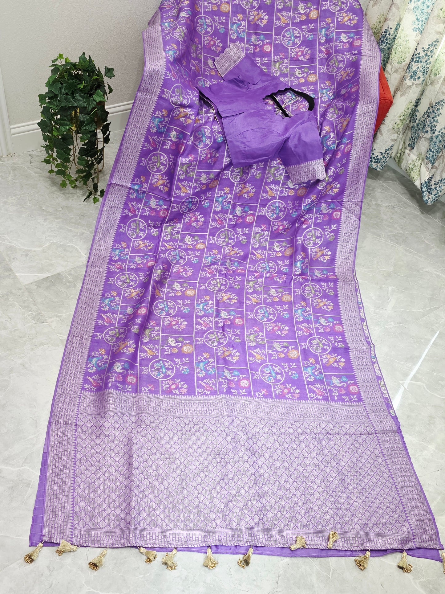 Lavender Bloom All Over Birds Chanderi Linen Tussar Blended Benarasi Saree with Stitched Blouse