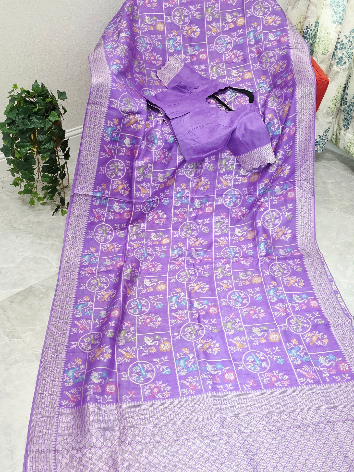 Lavender Bloom All Over Birds Chanderi Linen Tussar Blended Benarasi Saree with Stitched Blouse