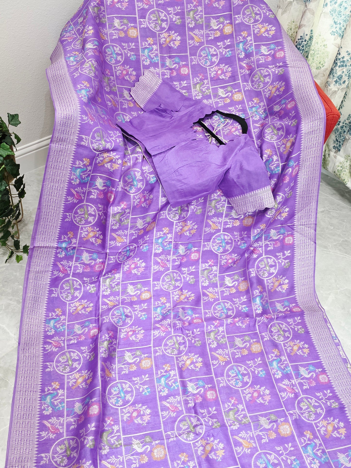 Lavender Bloom All Over Birds Chanderi Linen Tussar Blended Benarasi Saree with Stitched Blouse