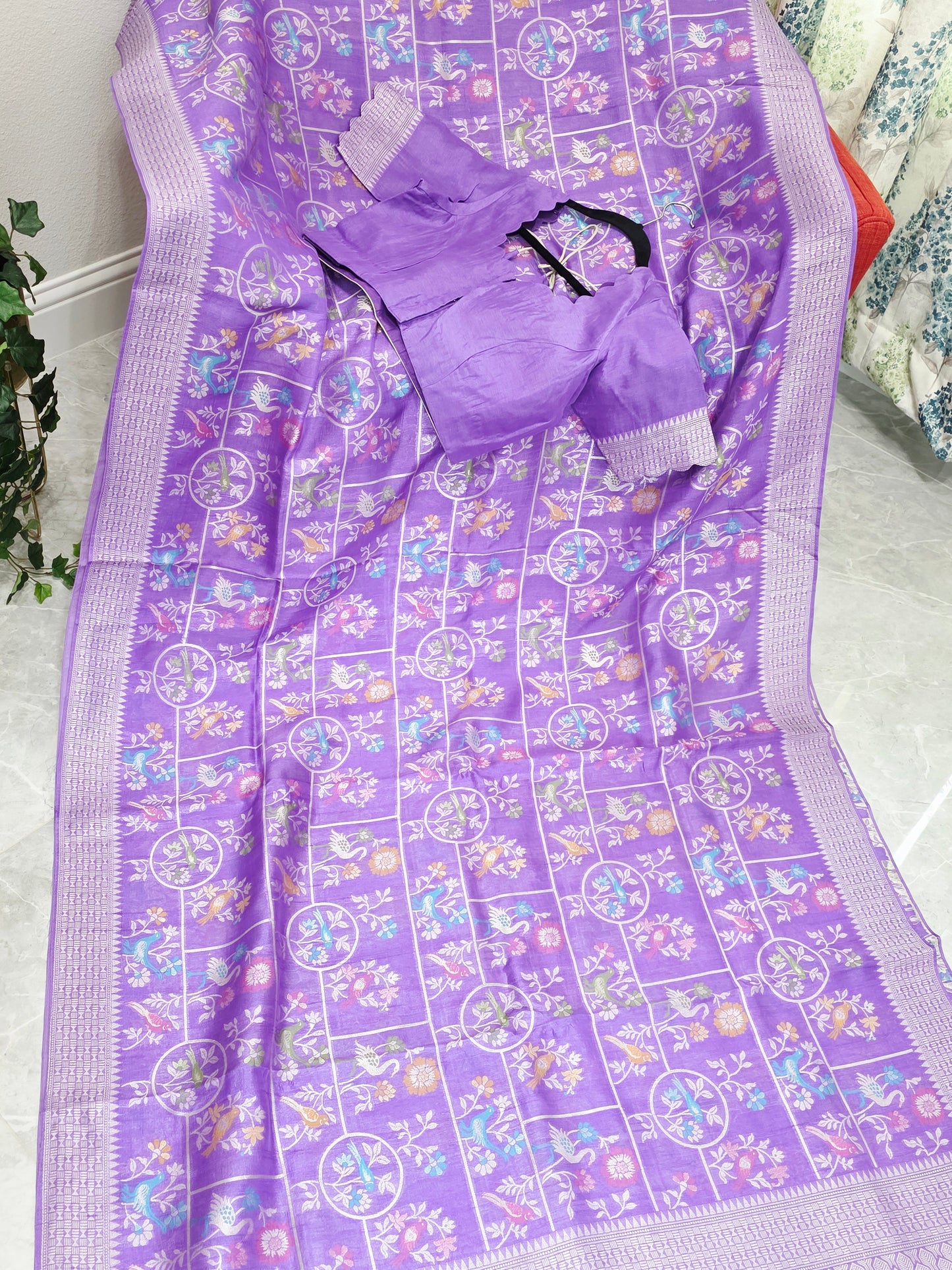 Lavender Bloom All Over Birds Chanderi Linen Tussar Blended Benarasi Saree with Stitched Blouse