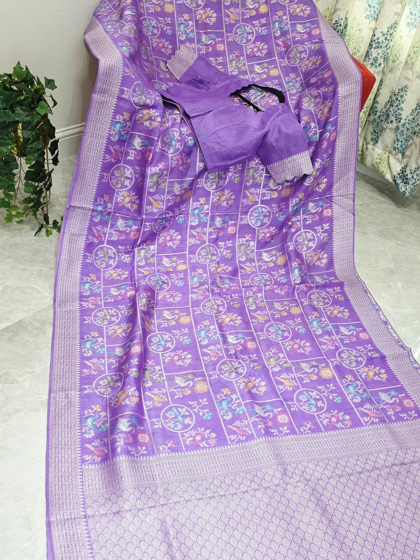 Lavender Bloom All Over Birds Chanderi Linen Tussar Blended Benarasi Saree with Stitched Blouse