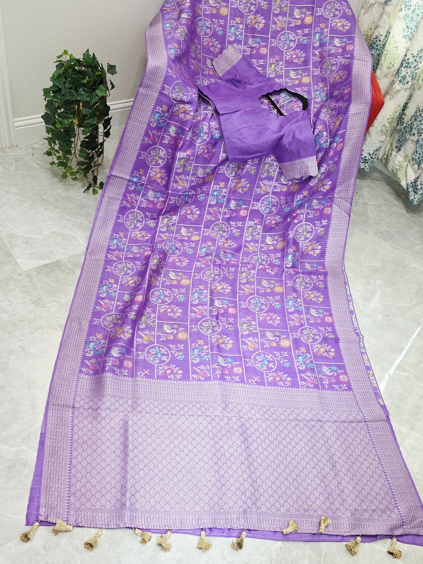 Lavender Bloom All Over Birds Chanderi Linen Tussar Blended Benarasi Saree with Stitched Blouse