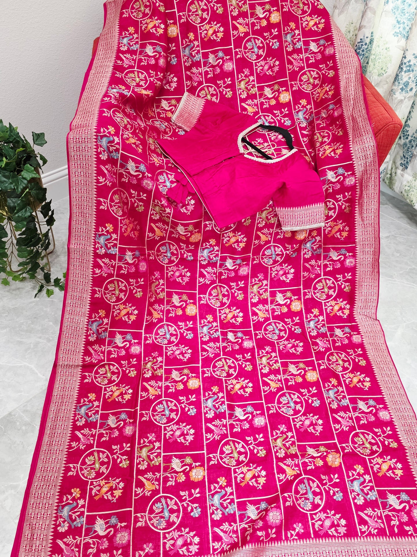Rani Pink All Over Birds Design Chanderi Linen Tussar Blended Benarasi Saree with Stitched Blouse