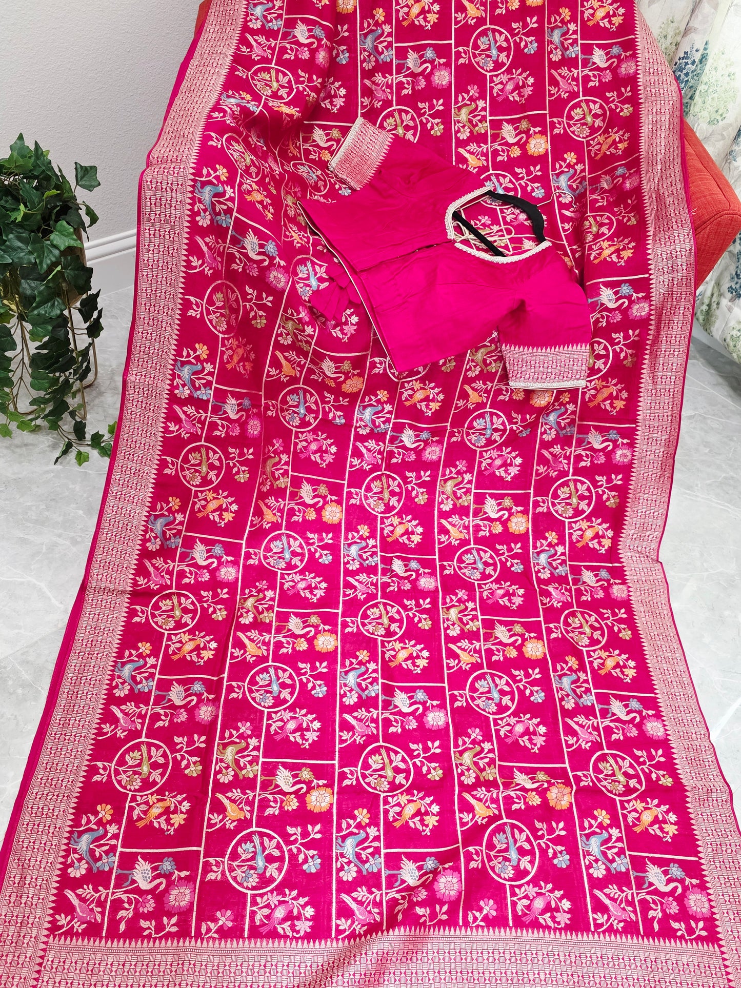 Rani Pink All Over Birds Design Chanderi Linen Tussar Blended Benarasi Saree with Stitched Blouse
