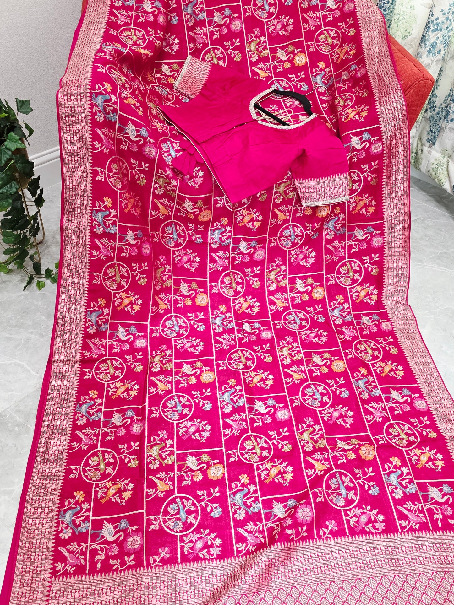Rani Pink All Over Birds Design Chanderi Linen Tussar Blended Benarasi Saree with Stitched Blouse