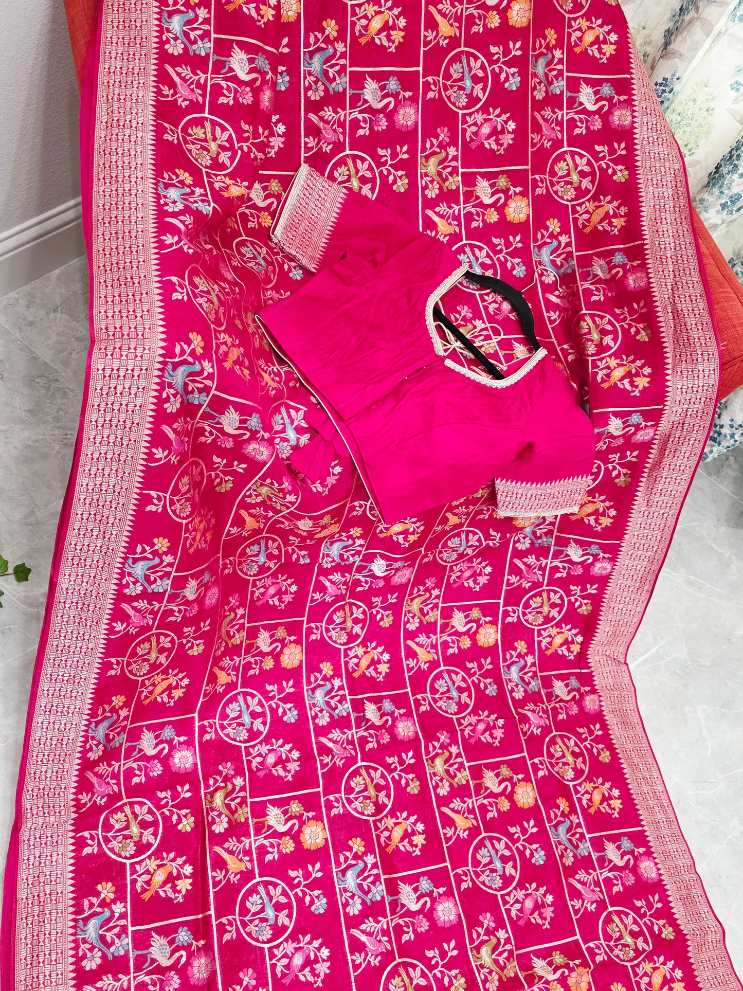 Rani Pink All Over Birds Design Chanderi Linen Tussar Blended Benarasi Saree with Stitched Blouse