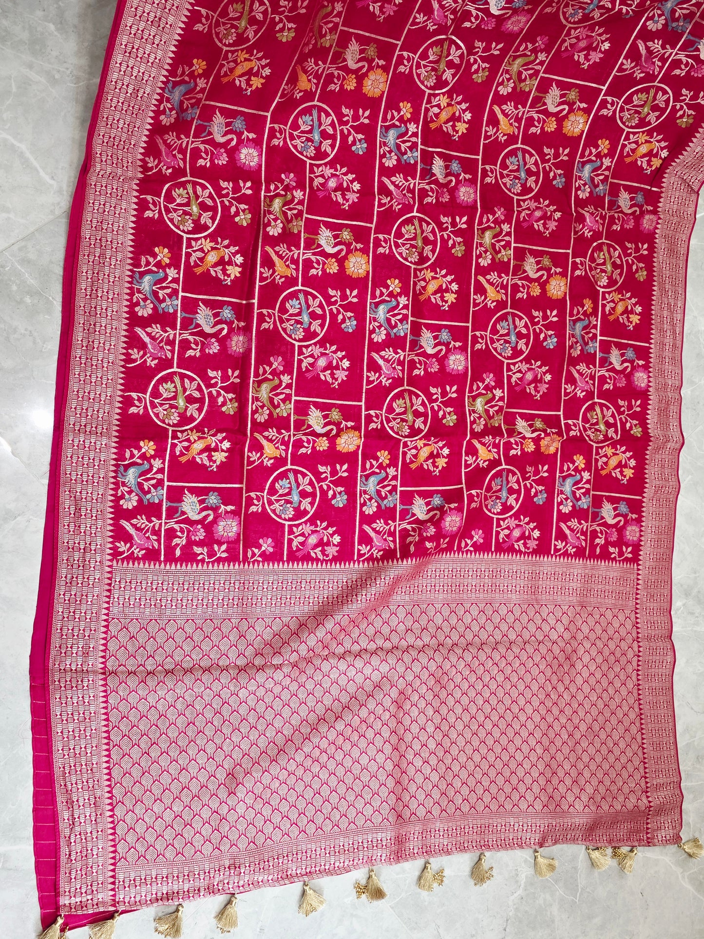 Rani Pink All Over Birds Design Chanderi Linen Tussar Blended Benarasi Saree with Stitched Blouse