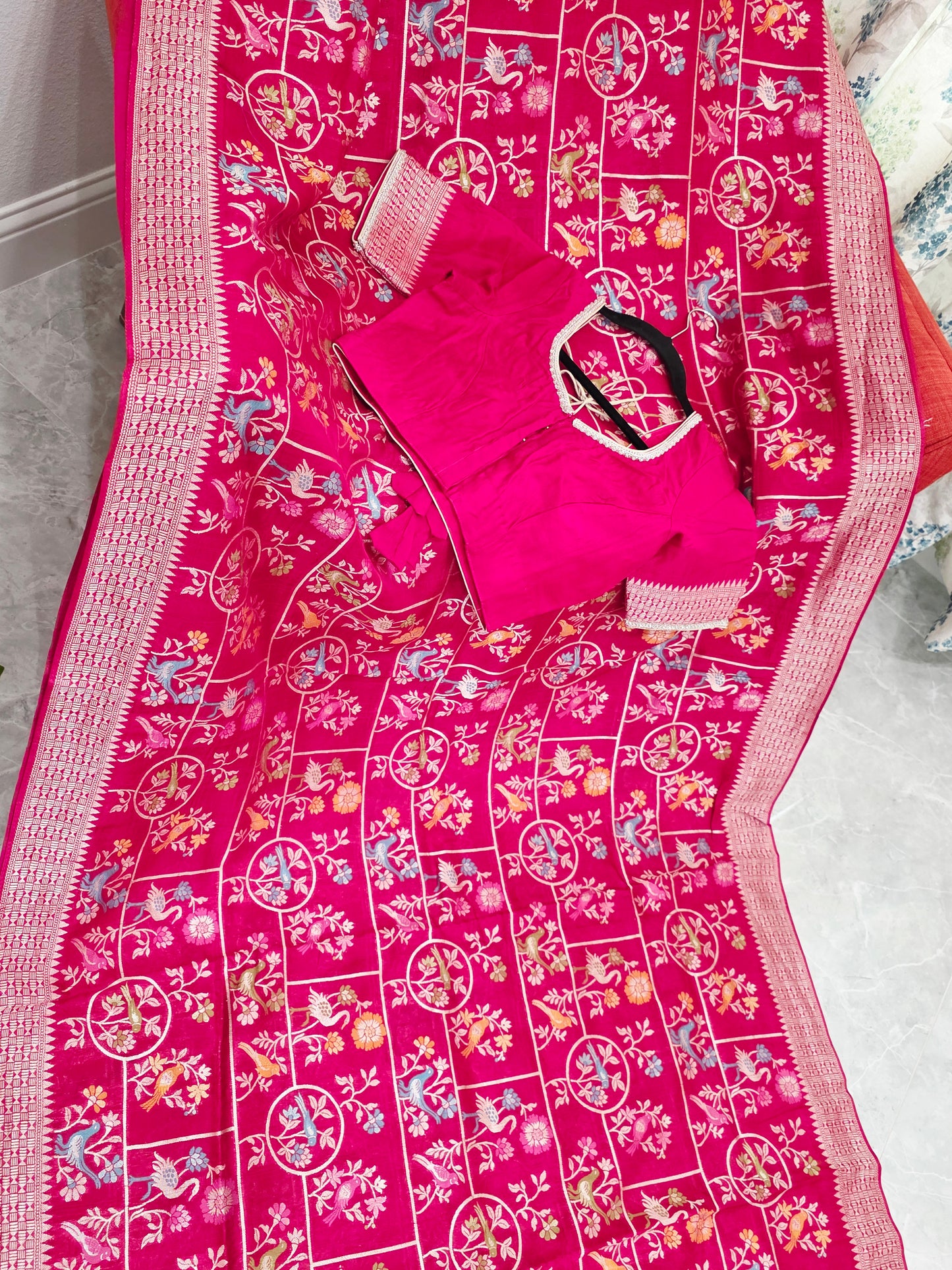 Rani Pink All Over Birds Design Chanderi Linen Tussar Blended Benarasi Saree with Stitched Blouse