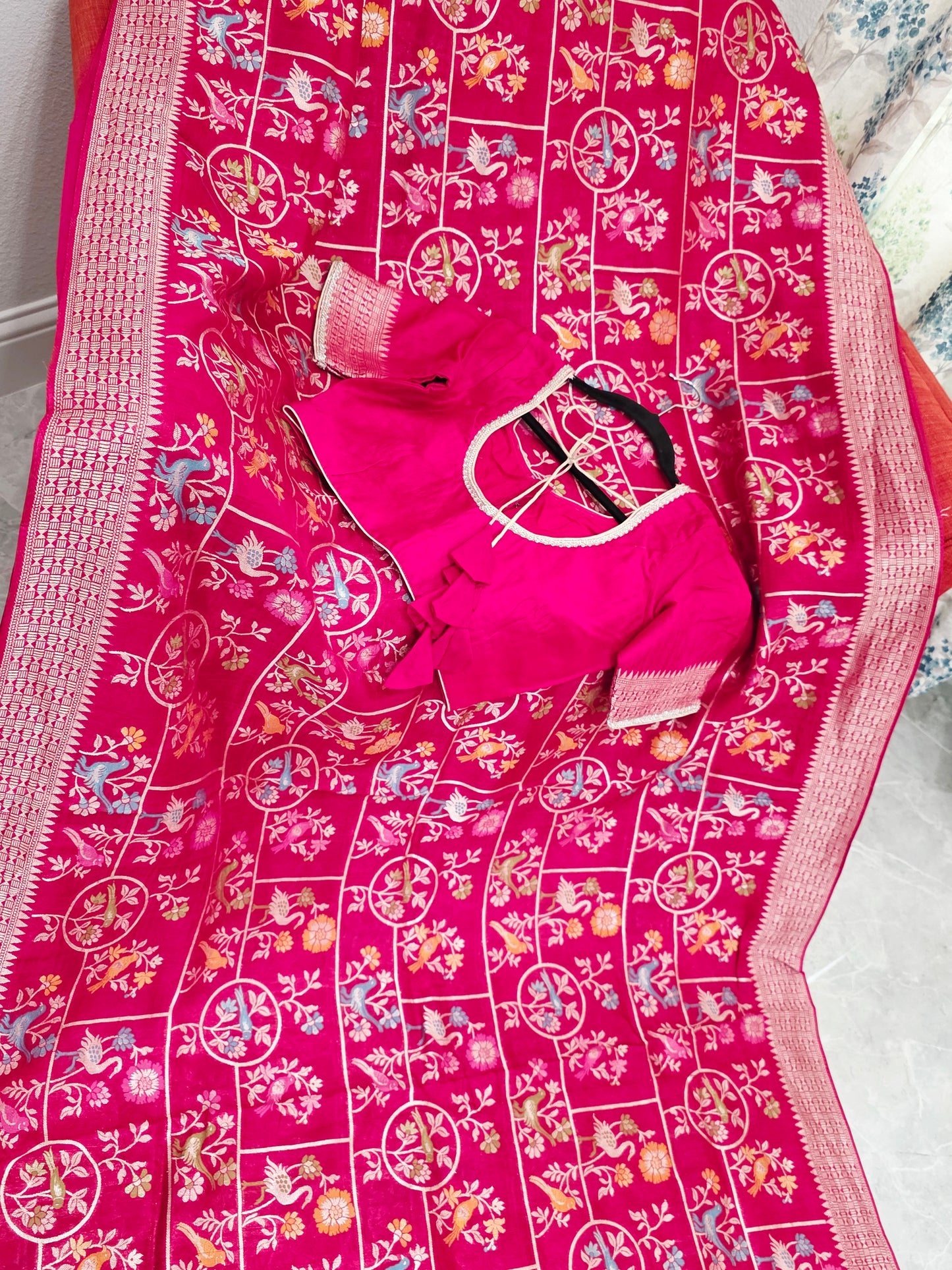Rani Pink All Over Birds Design Chanderi Linen Tussar Blended Benarasi Saree with Stitched Blouse