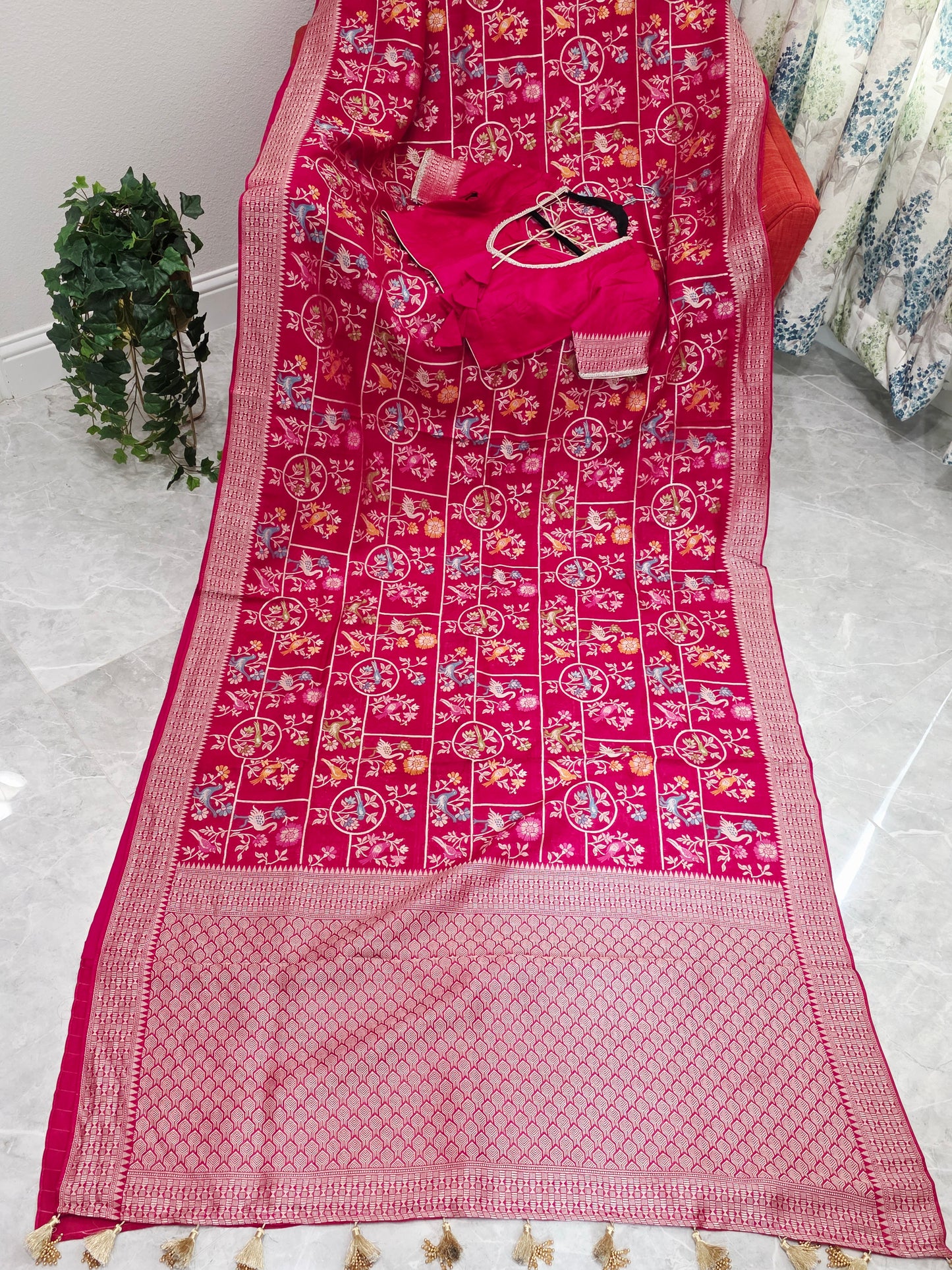 Rani Pink All Over Birds Design Chanderi Linen Tussar Blended Benarasi Saree with Stitched Blouse