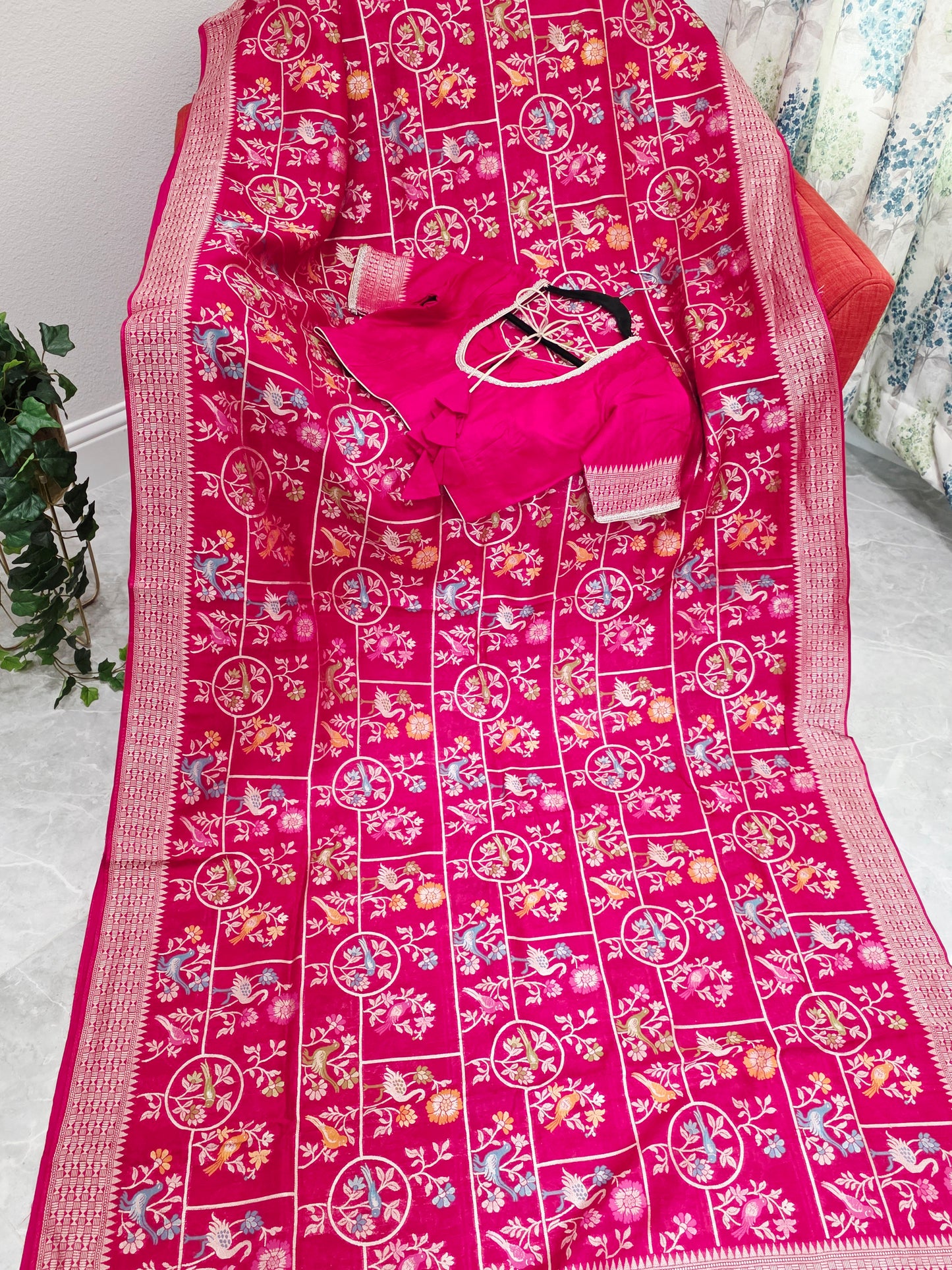 Rani Pink All Over Birds Design Chanderi Linen Tussar Blended Benarasi Saree with Stitched Blouse