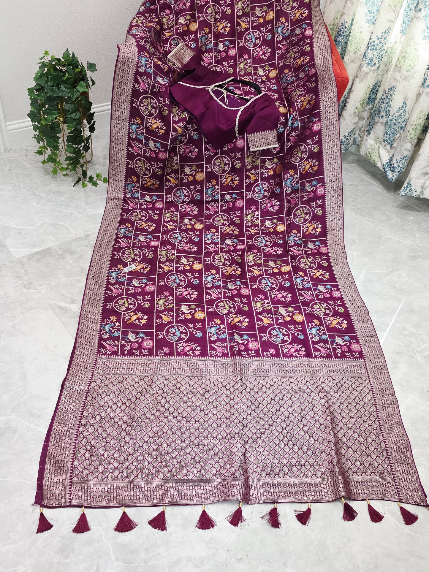 Royal Plum Multicolor Floral Chanderi Linen Tussar Blended Benarasi Saree with Stitched Blouse