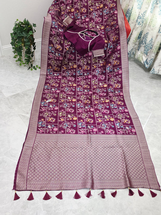 Royal Plum Multicolor Floral Chanderi Linen Tussar Blended Benarasi Saree with Stitched Blouse