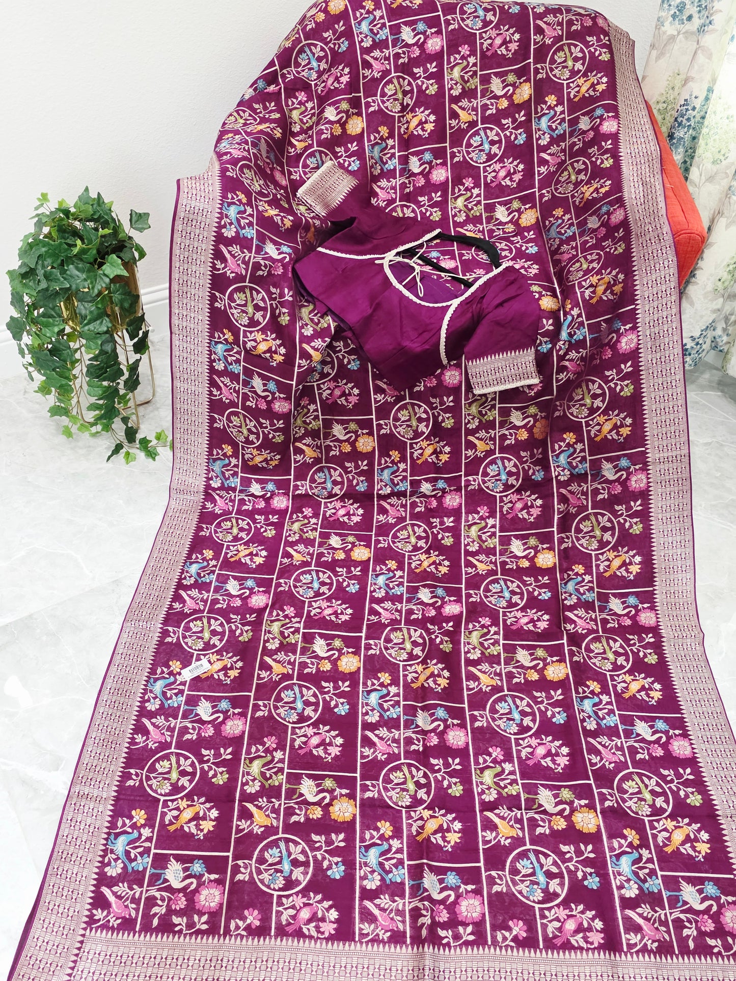 Royal Plum Multicolor Floral Chanderi Linen Tussar Blended Benarasi Saree with Stitched Blouse