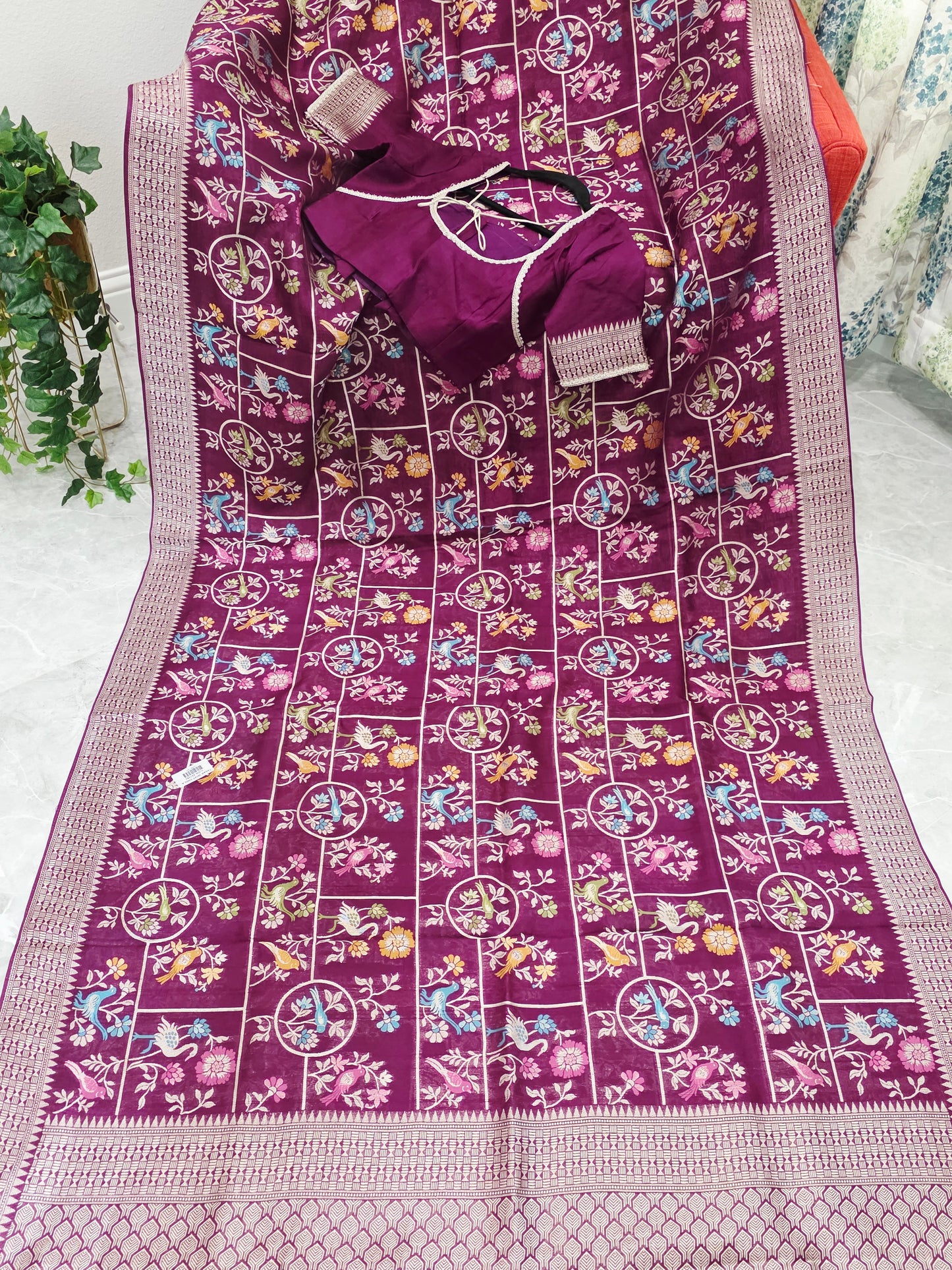 Royal Plum Multicolor Floral Chanderi Linen Tussar Blended Benarasi Saree with Stitched Blouse