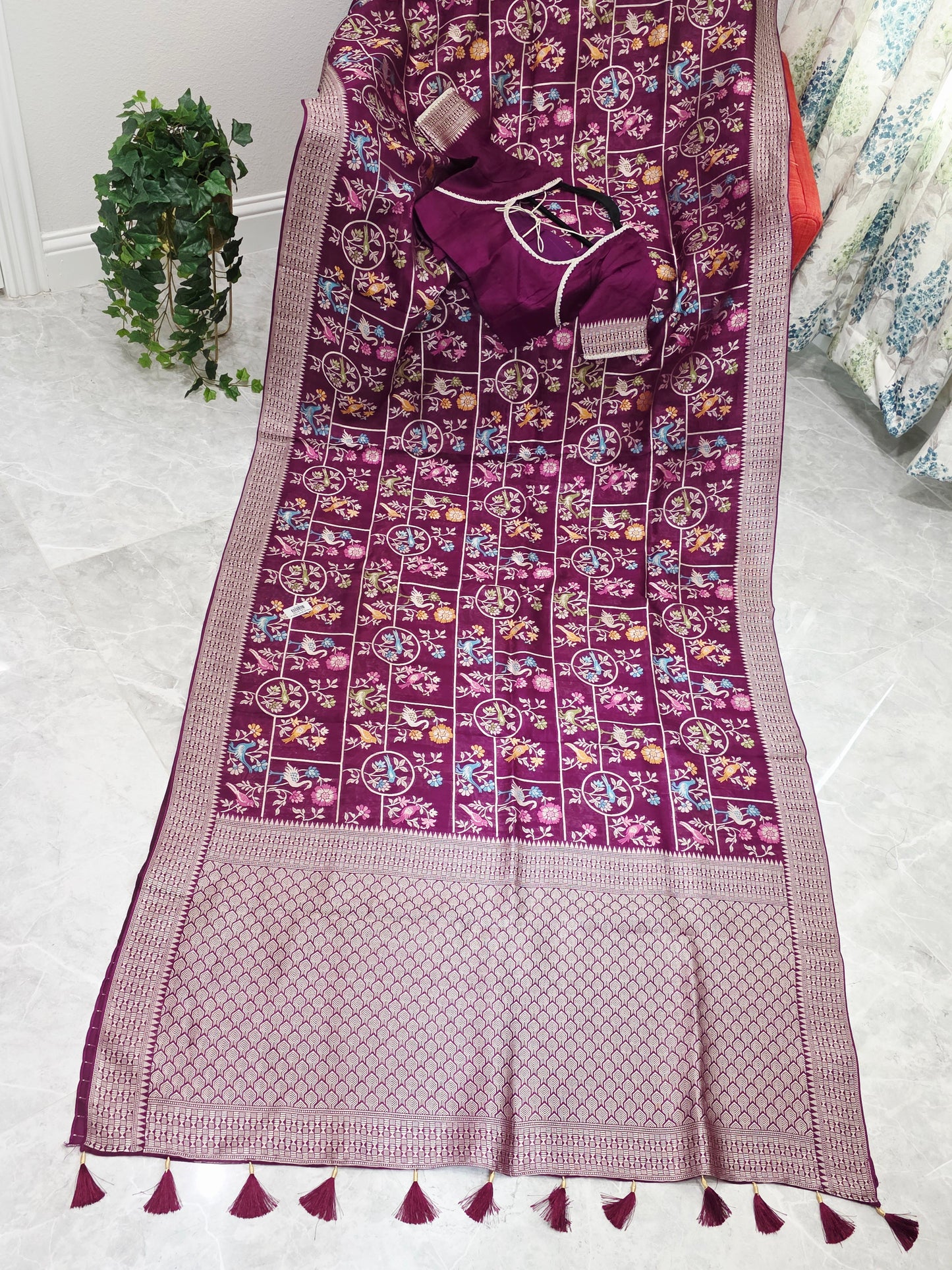 Royal Plum Multicolor Floral Chanderi Linen Tussar Blended Benarasi Saree with Stitched Blouse