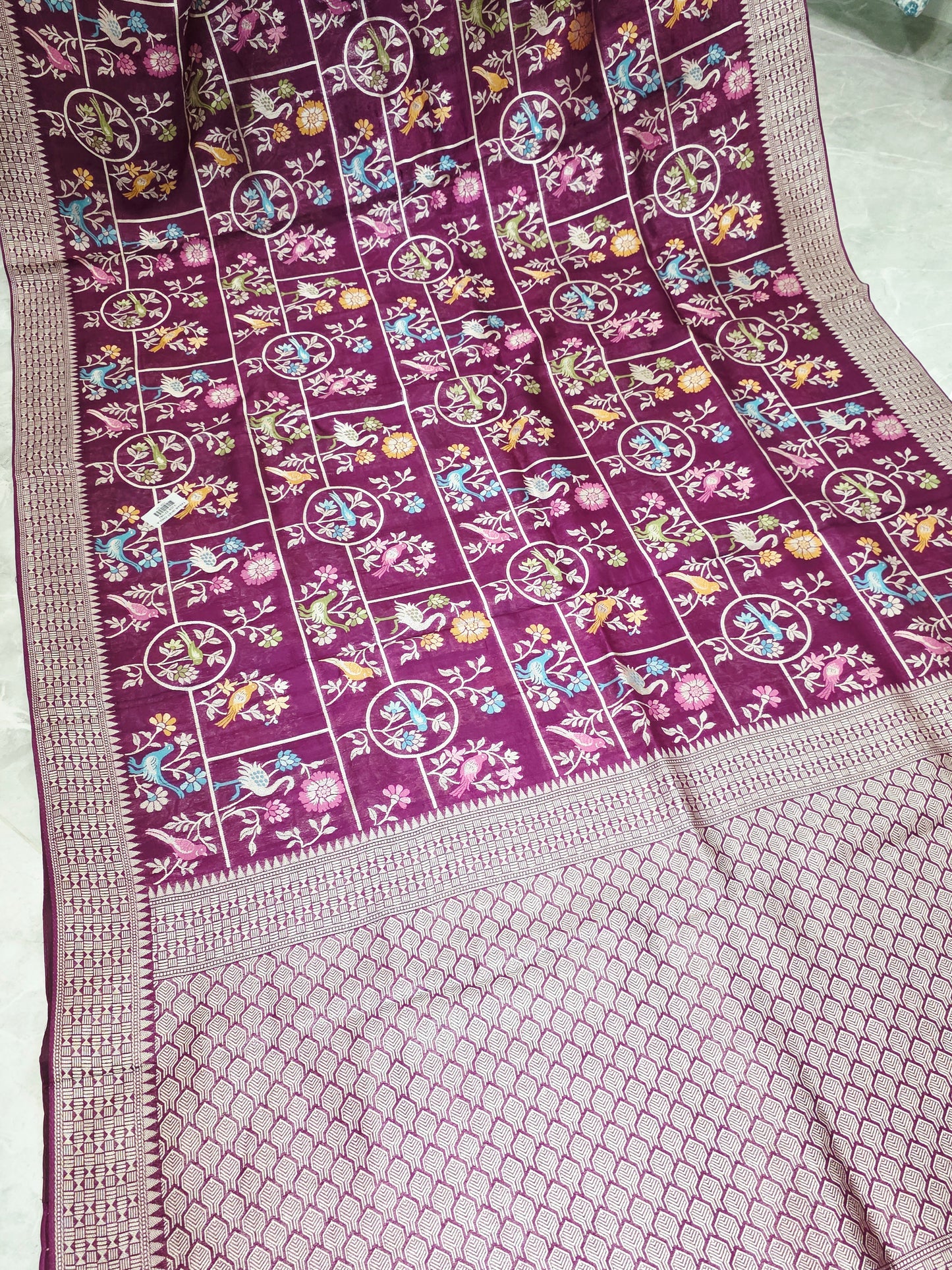 Royal Plum Multicolor Floral Chanderi Linen Tussar Blended Benarasi Saree with Stitched Blouse