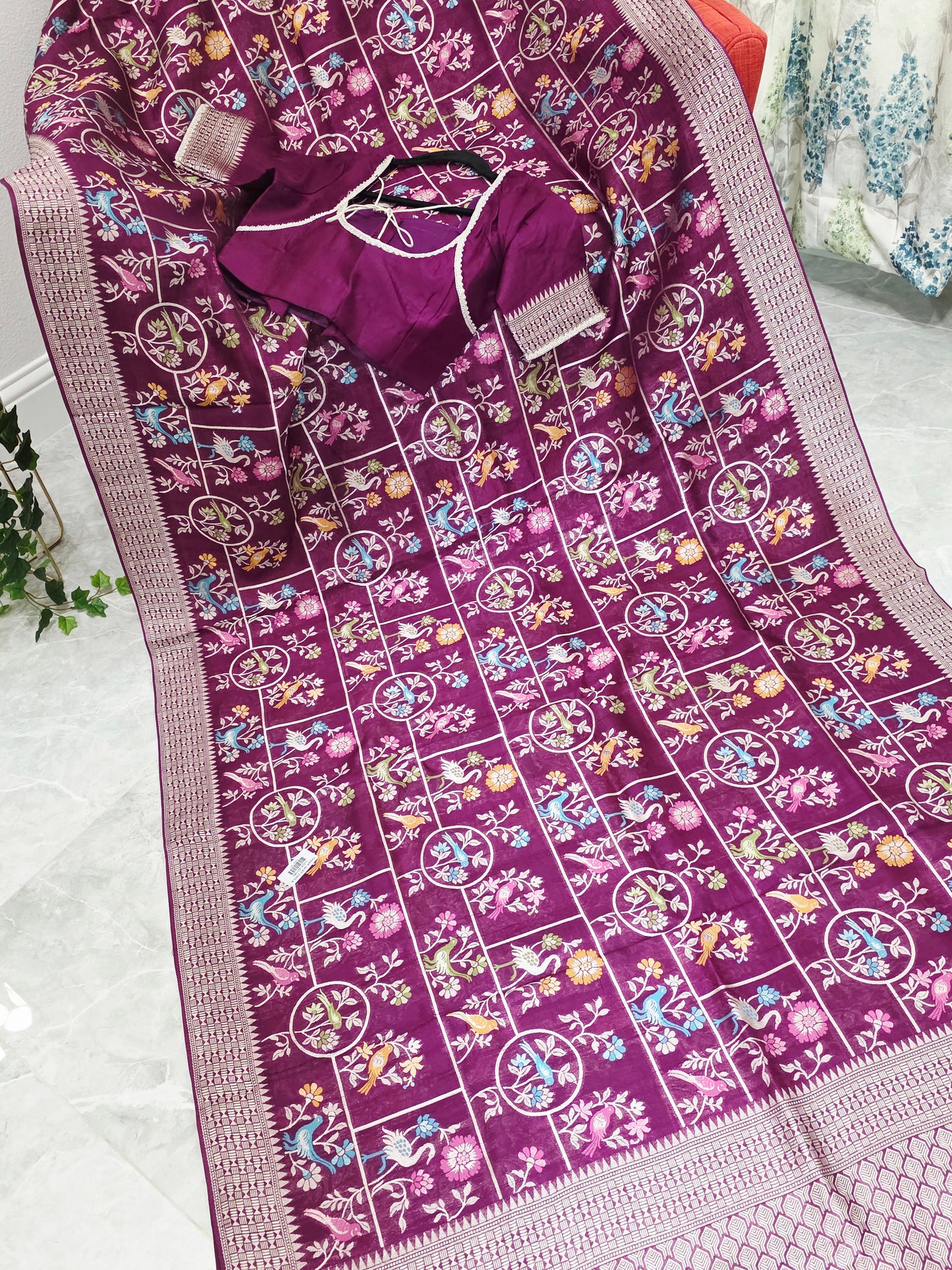 Royal Plum Multicolor Floral Chanderi Linen Tussar Blended Benarasi Saree with Stitched Blouse