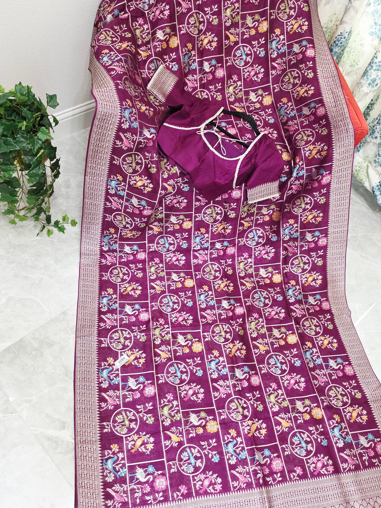 Royal Plum Multicolor Floral Chanderi Linen Tussar Blended Benarasi Saree with Stitched Blouse