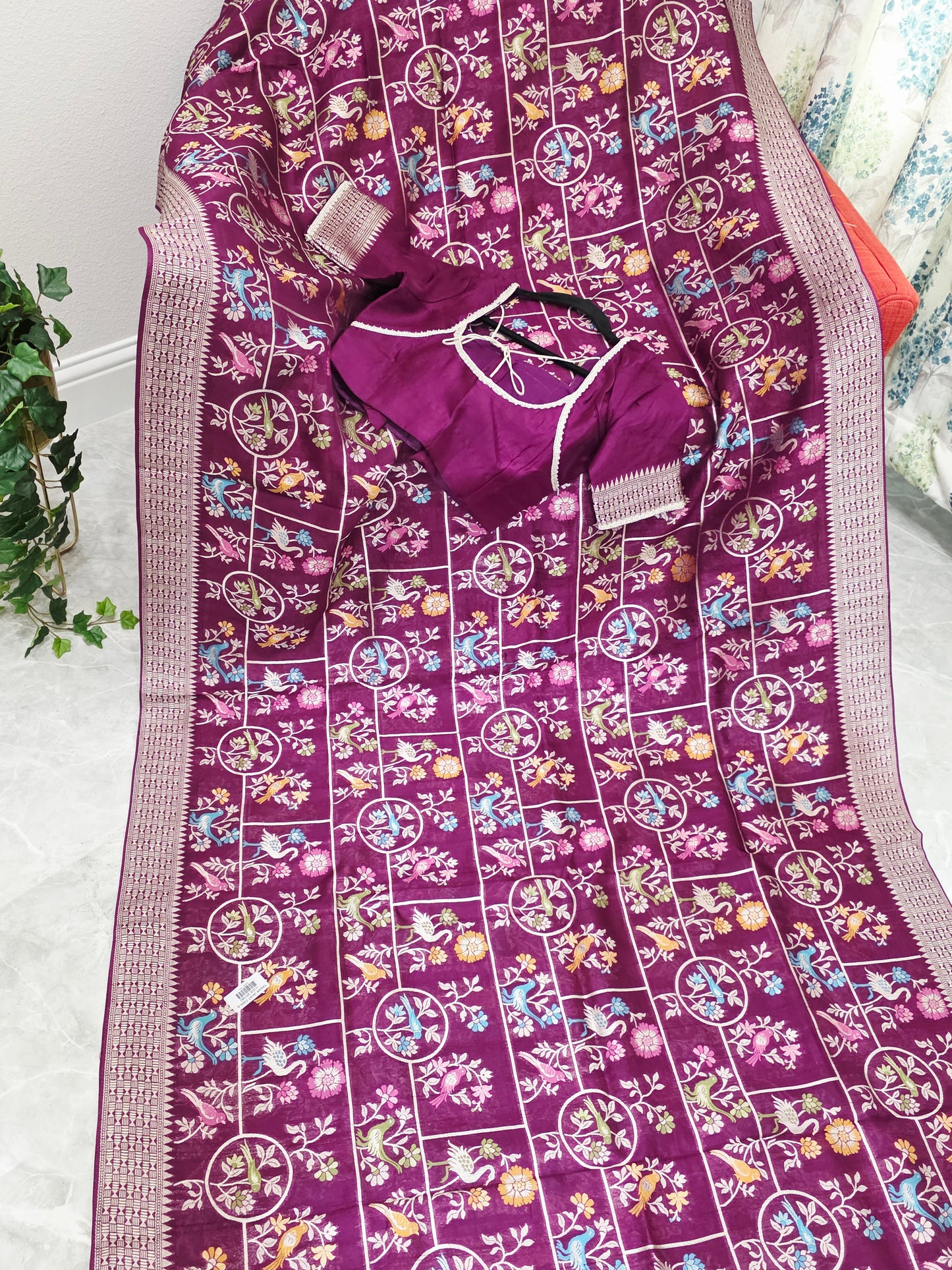 Royal Plum Multicolor Floral Chanderi Linen Tussar Blended Benarasi Saree with Stitched Blouse