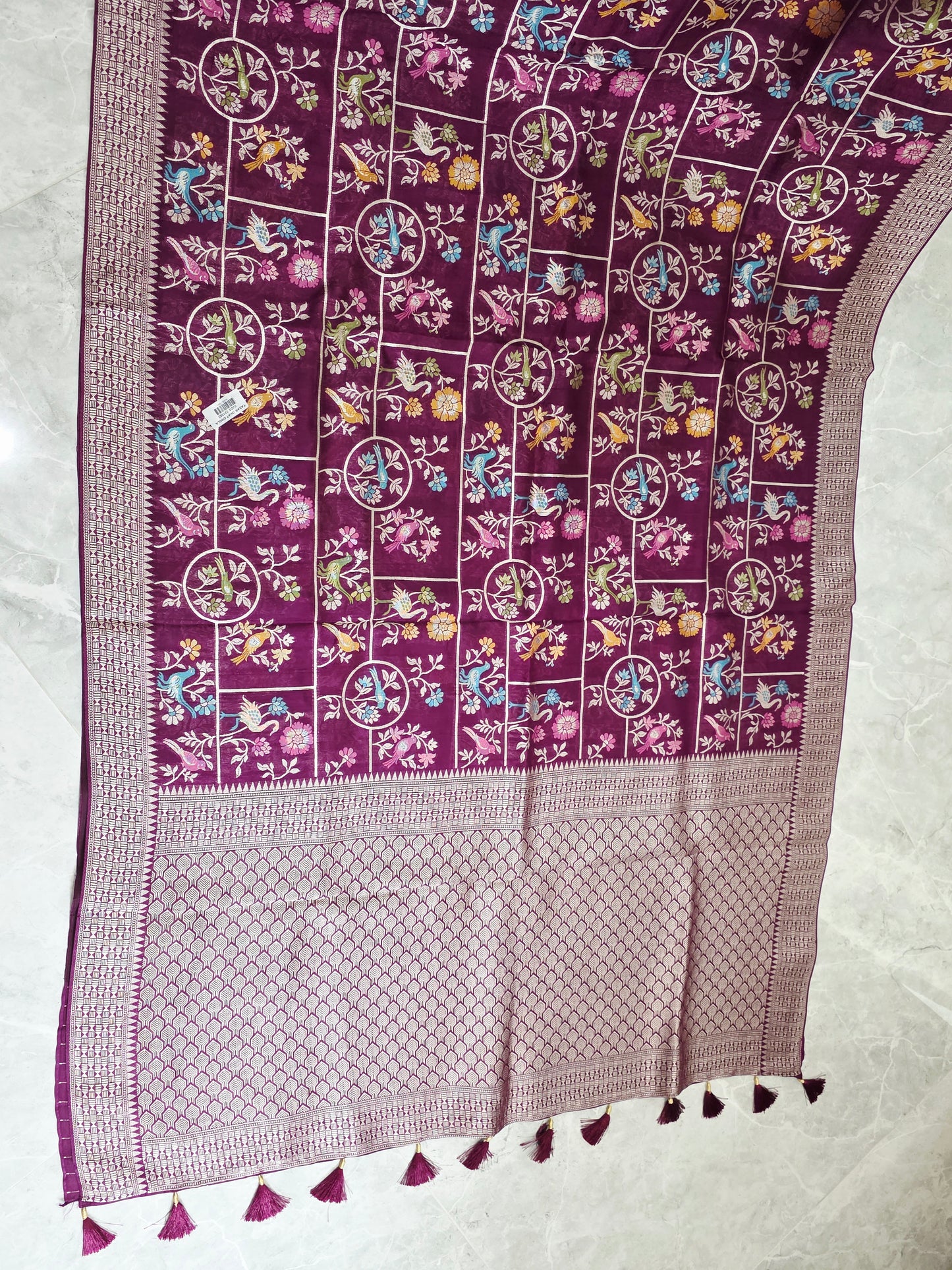 Royal Plum Multicolor Floral Chanderi Linen Tussar Blended Benarasi Saree with Stitched Blouse