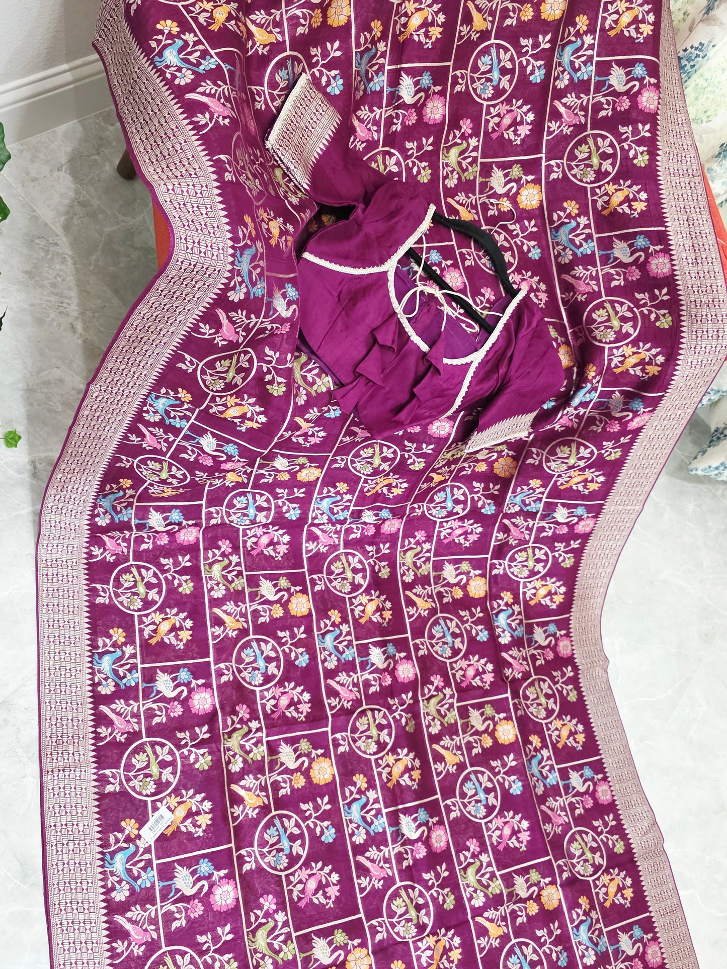 Royal Plum Multicolor Floral Chanderi Linen Tussar Blended Benarasi Saree with Stitched Blouse
